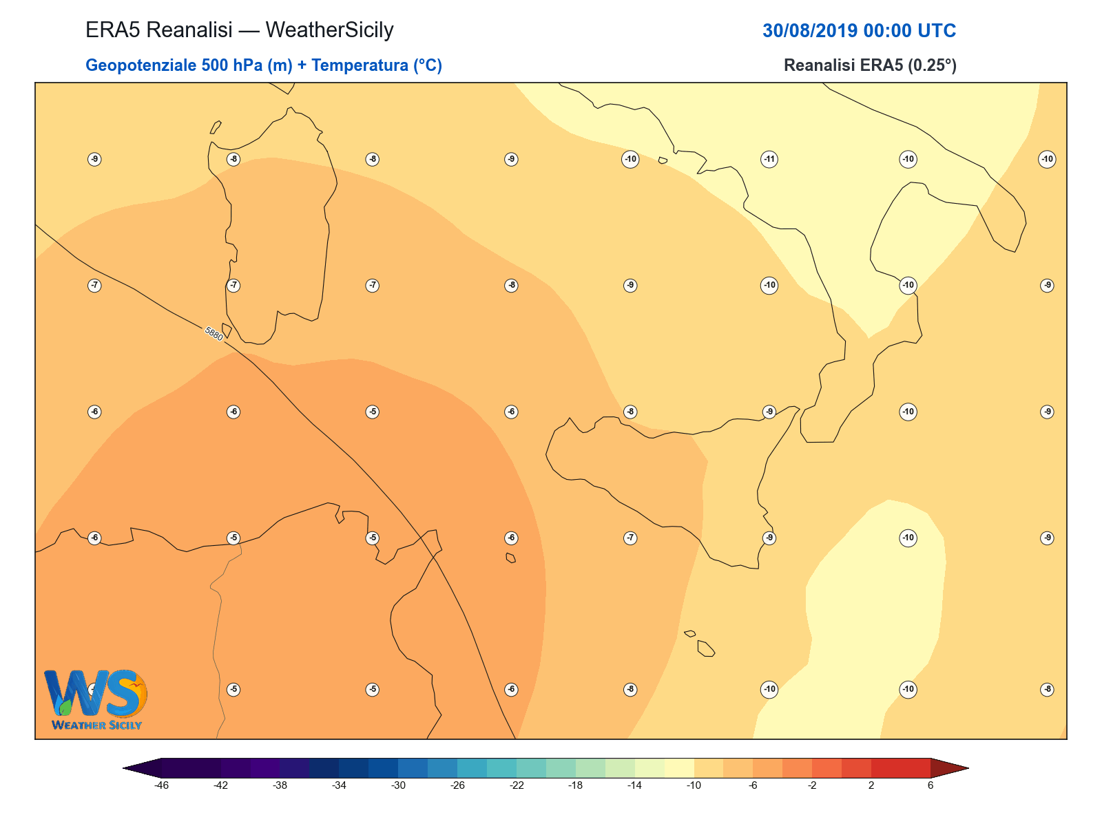 Geopotenziale 500 hPa + Temperatura · 2019083000