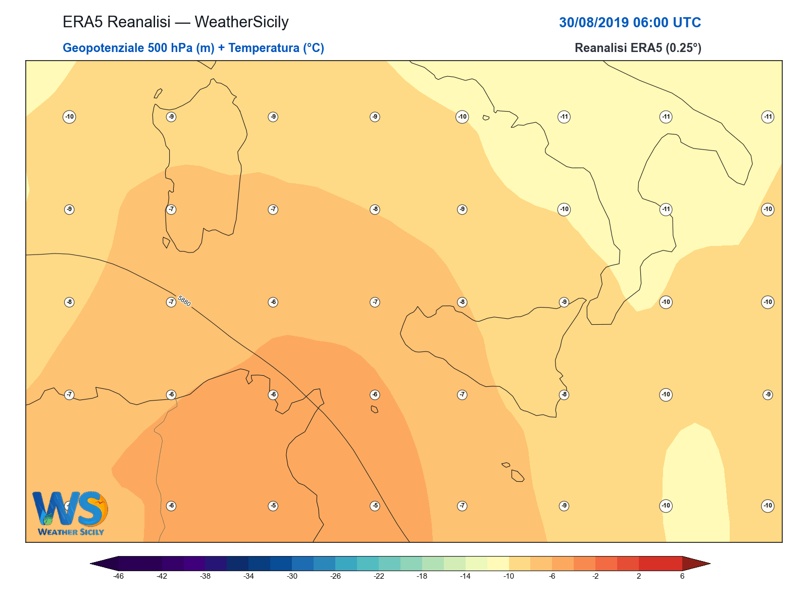 Geopotenziale 500 hPa + Temperatura · 2019083006