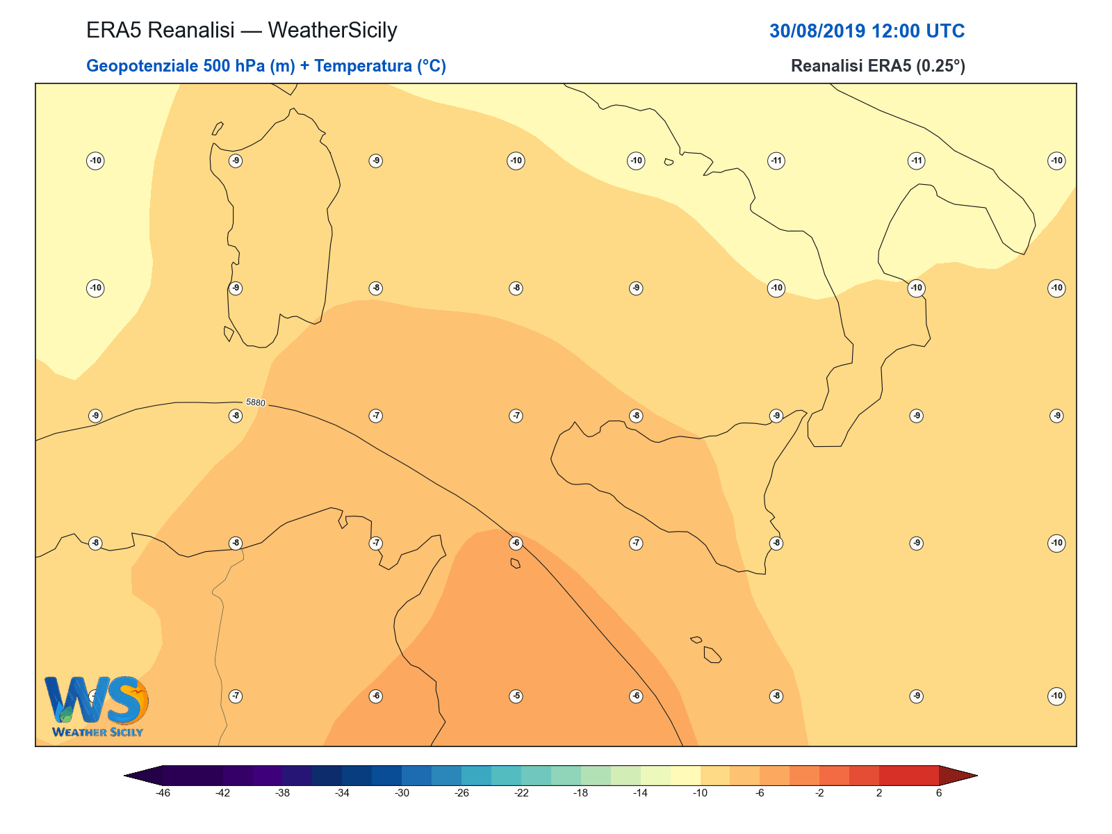 Geopotenziale 500 hPa + Temperatura · 2019083012