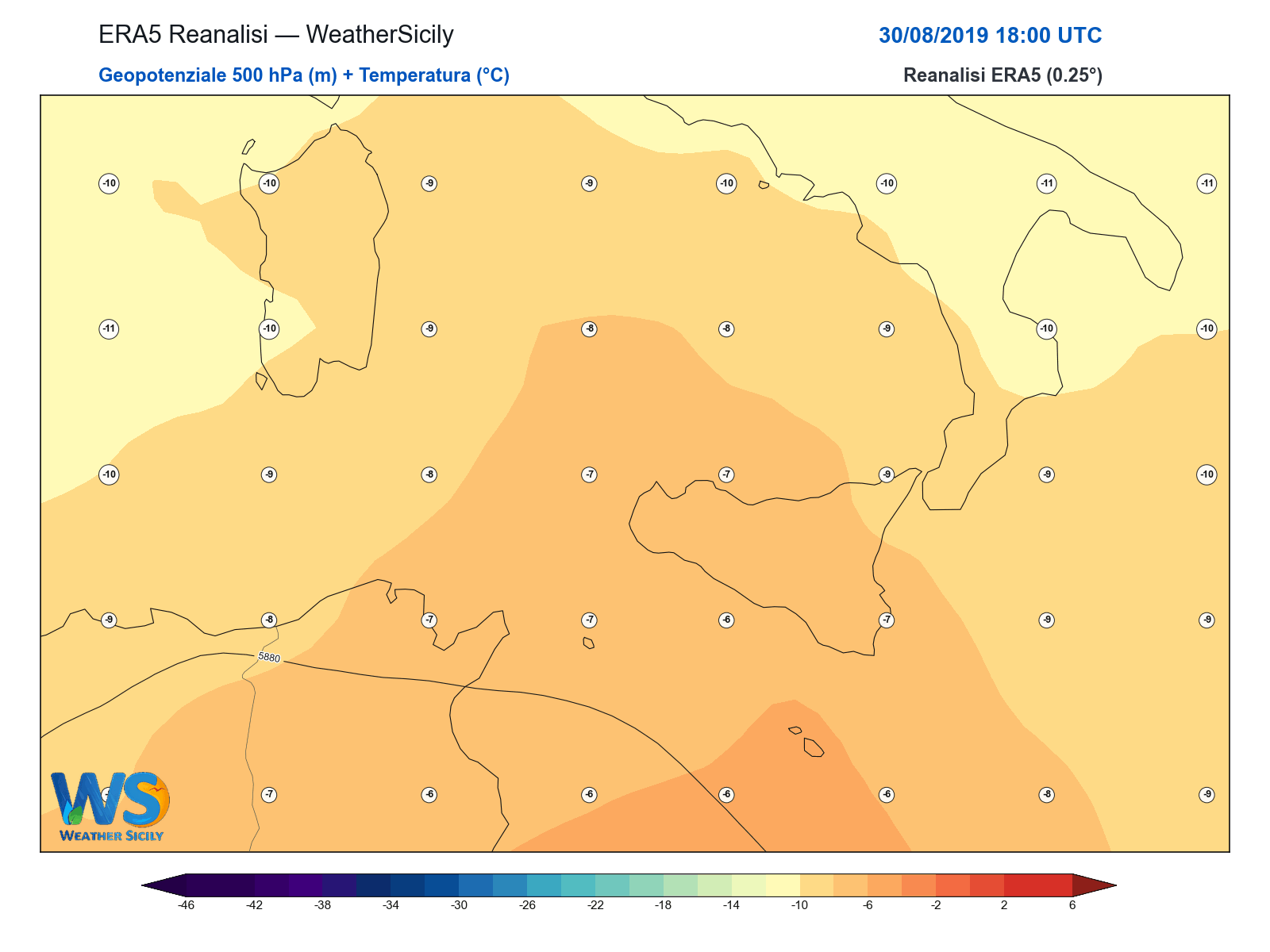 Geopotenziale 500 hPa + Temperatura · 2019083018