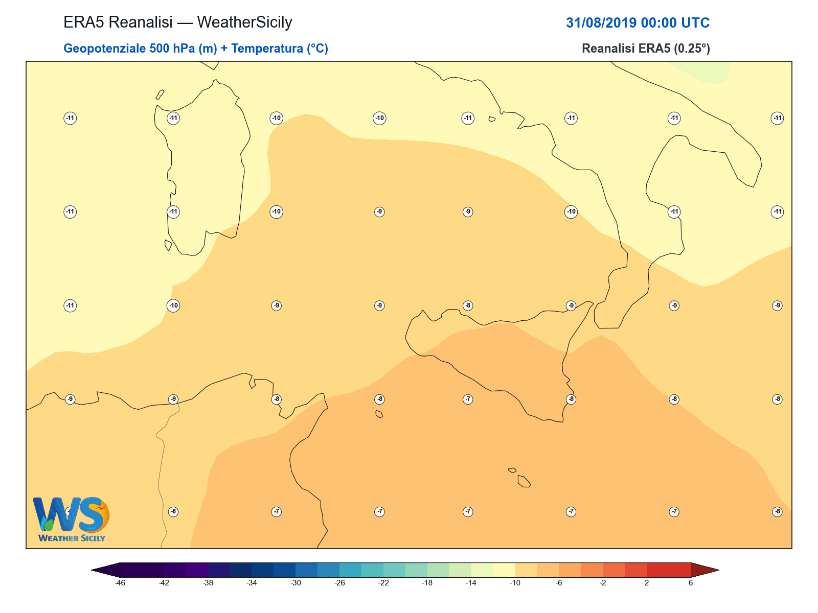 Geopotenziale 500 hPa + Temperatura · 2019083100