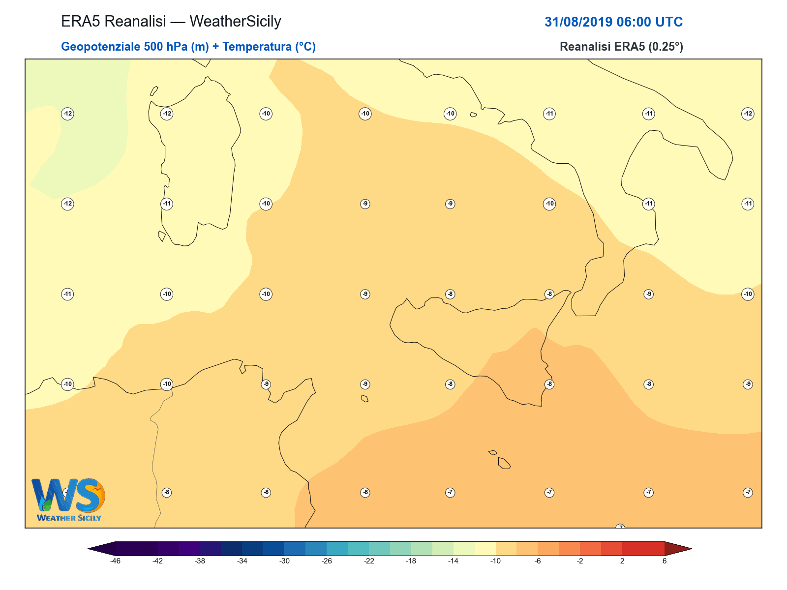Geopotenziale 500 hPa + Temperatura · 2019083106