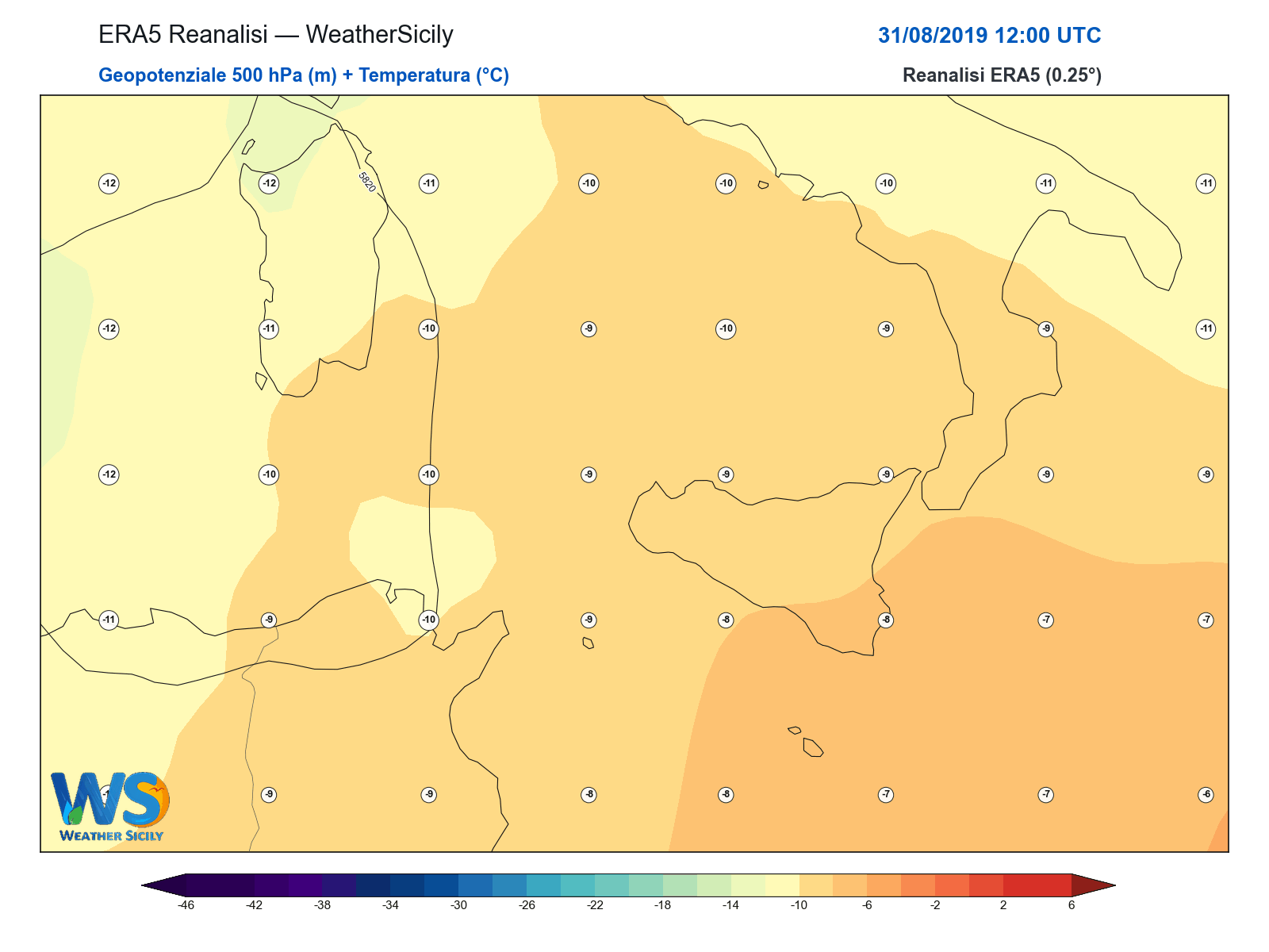 Geopotenziale 500 hPa + Temperatura · 2019083112