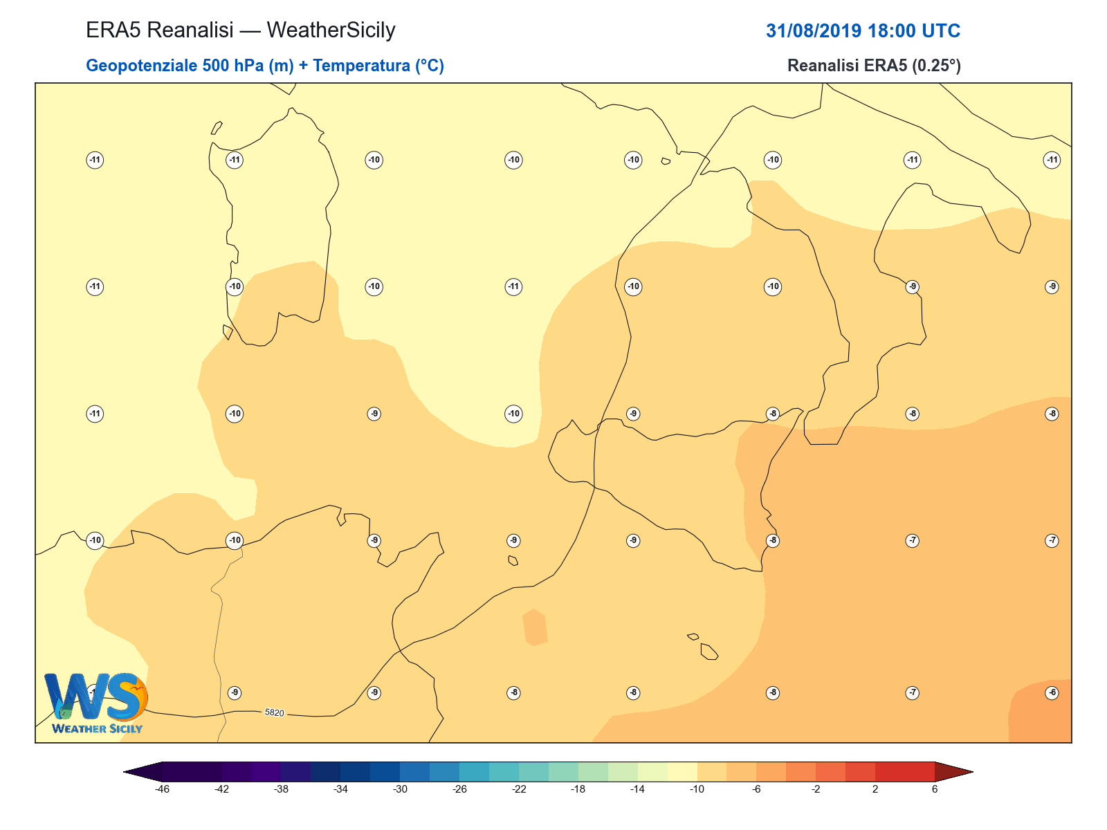 Geopotenziale 500 hPa + Temperatura · 2019083118