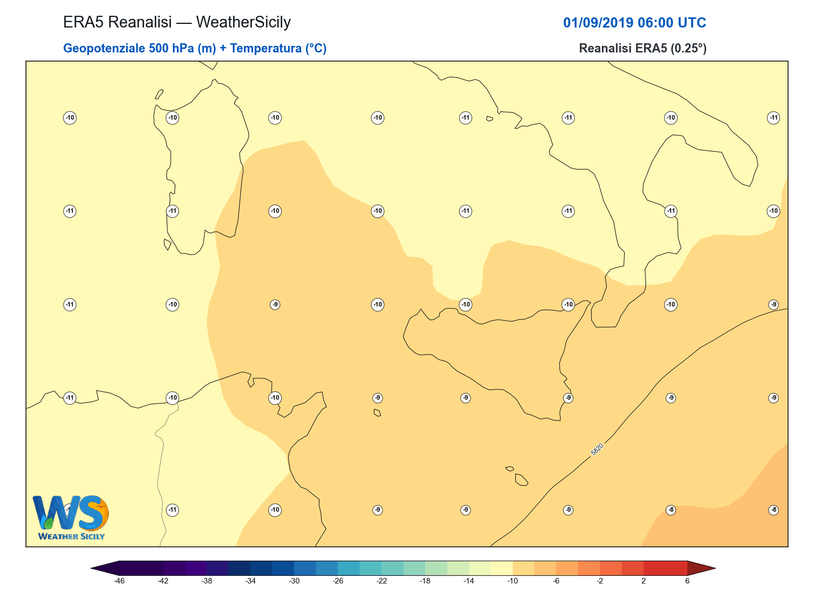 Geopotenziale 500 hPa + Temperatura · 2019090106
