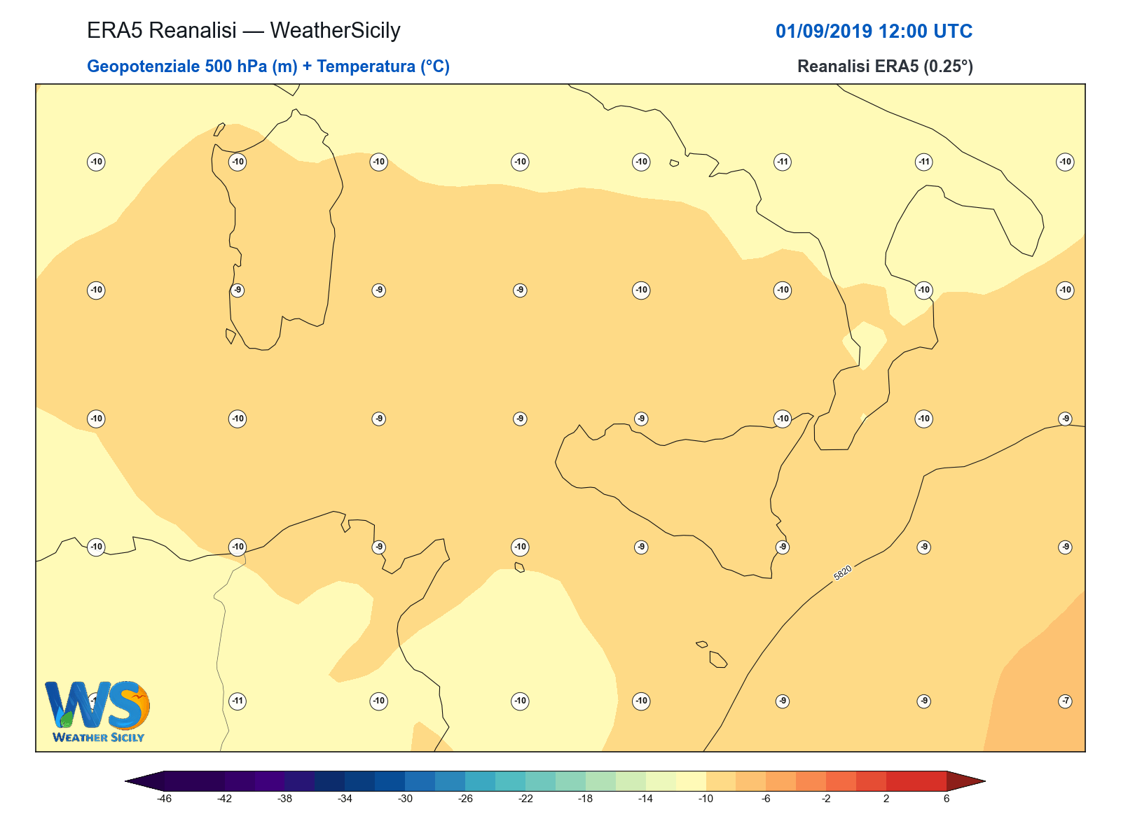 Geopotenziale 500 hPa + Temperatura · 2019090112
