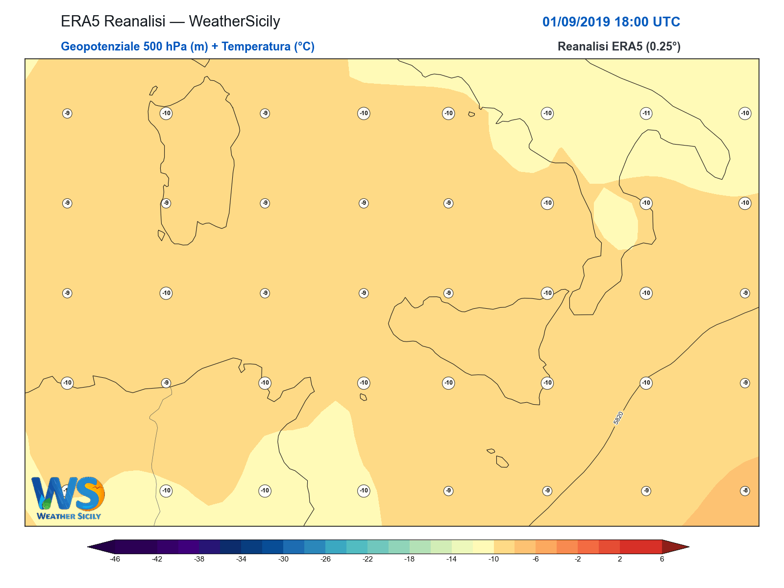 Geopotenziale 500 hPa + Temperatura · 2019090118