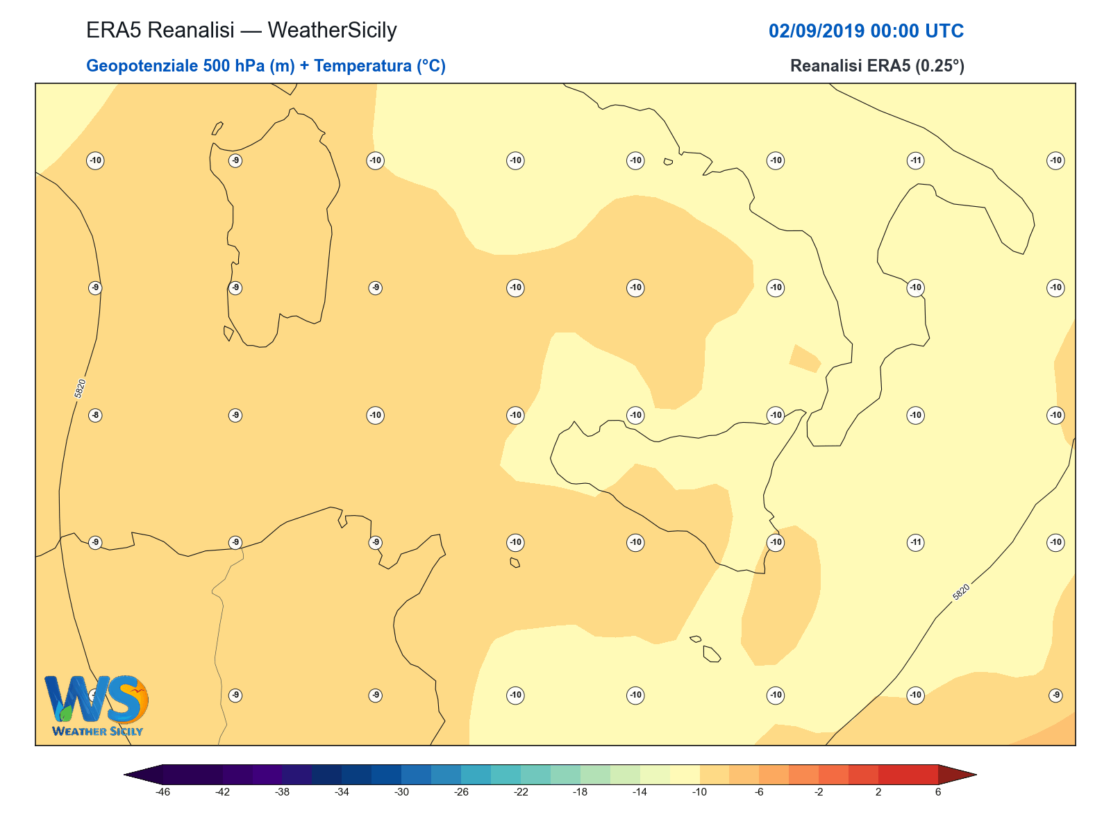 Geopotenziale 500 hPa + Temperatura · 2019090200