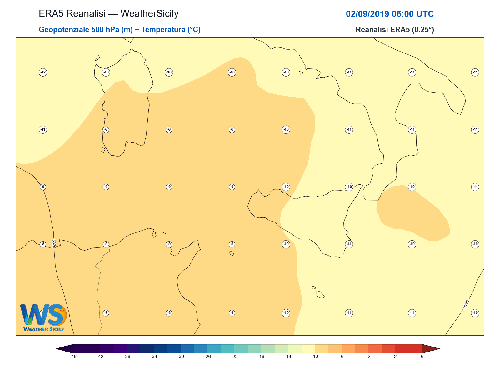 Geopotenziale 500 hPa + Temperatura · 2019090206
