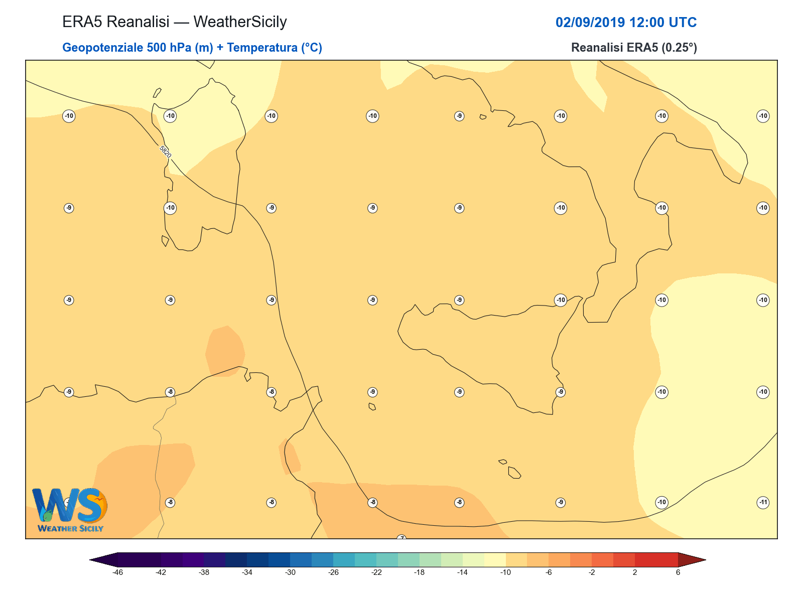 Geopotenziale 500 hPa + Temperatura · 2019090212