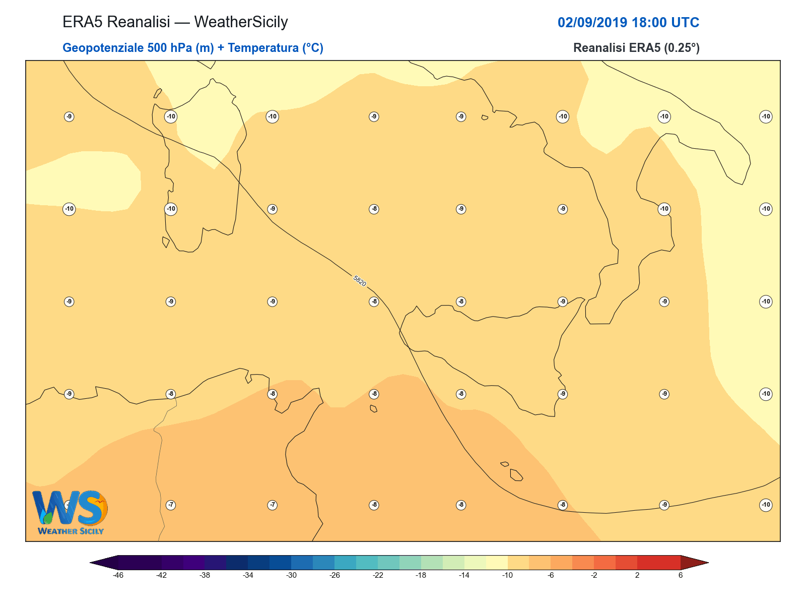 Geopotenziale 500 hPa + Temperatura · 2019090218