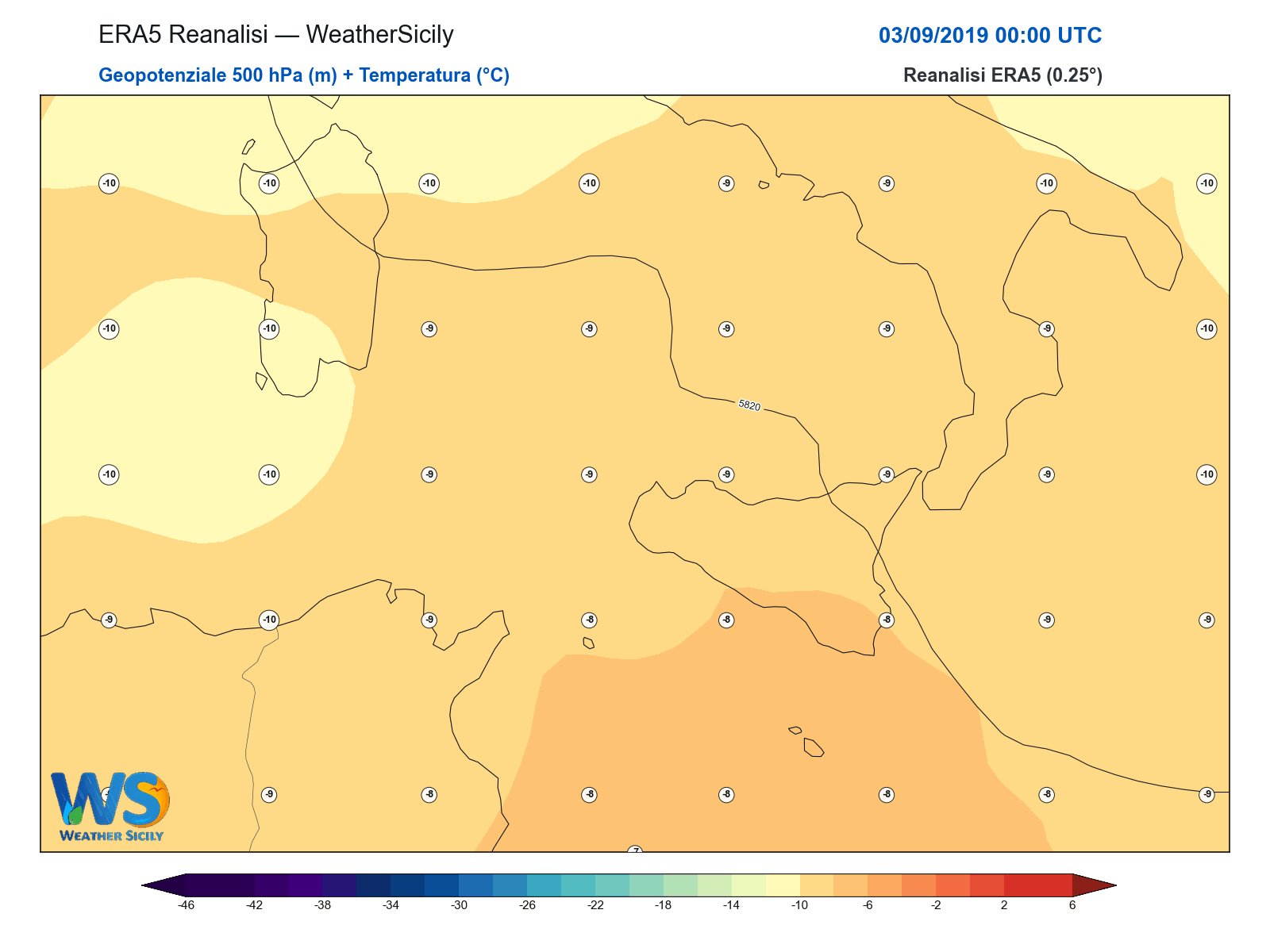 Geopotenziale 500 hPa + Temperatura · 2019090300