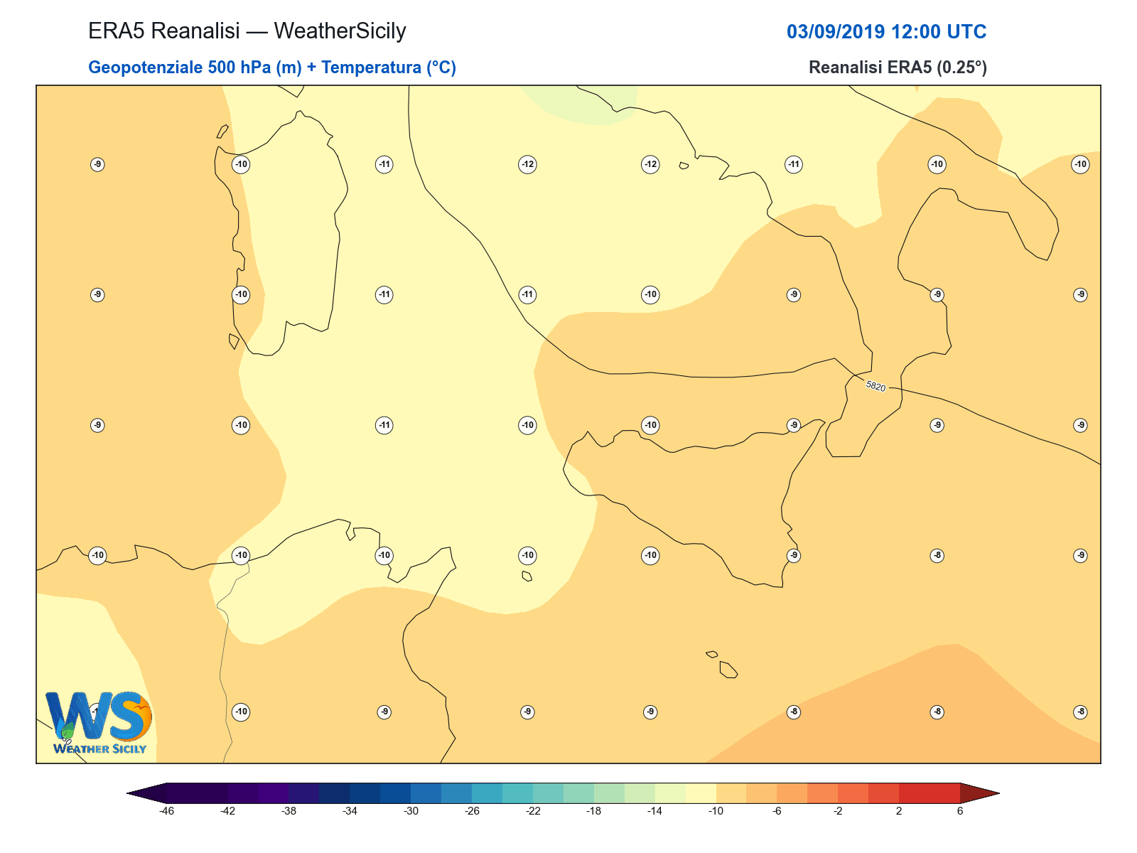 Geopotenziale 500 hPa + Temperatura · 2019090312