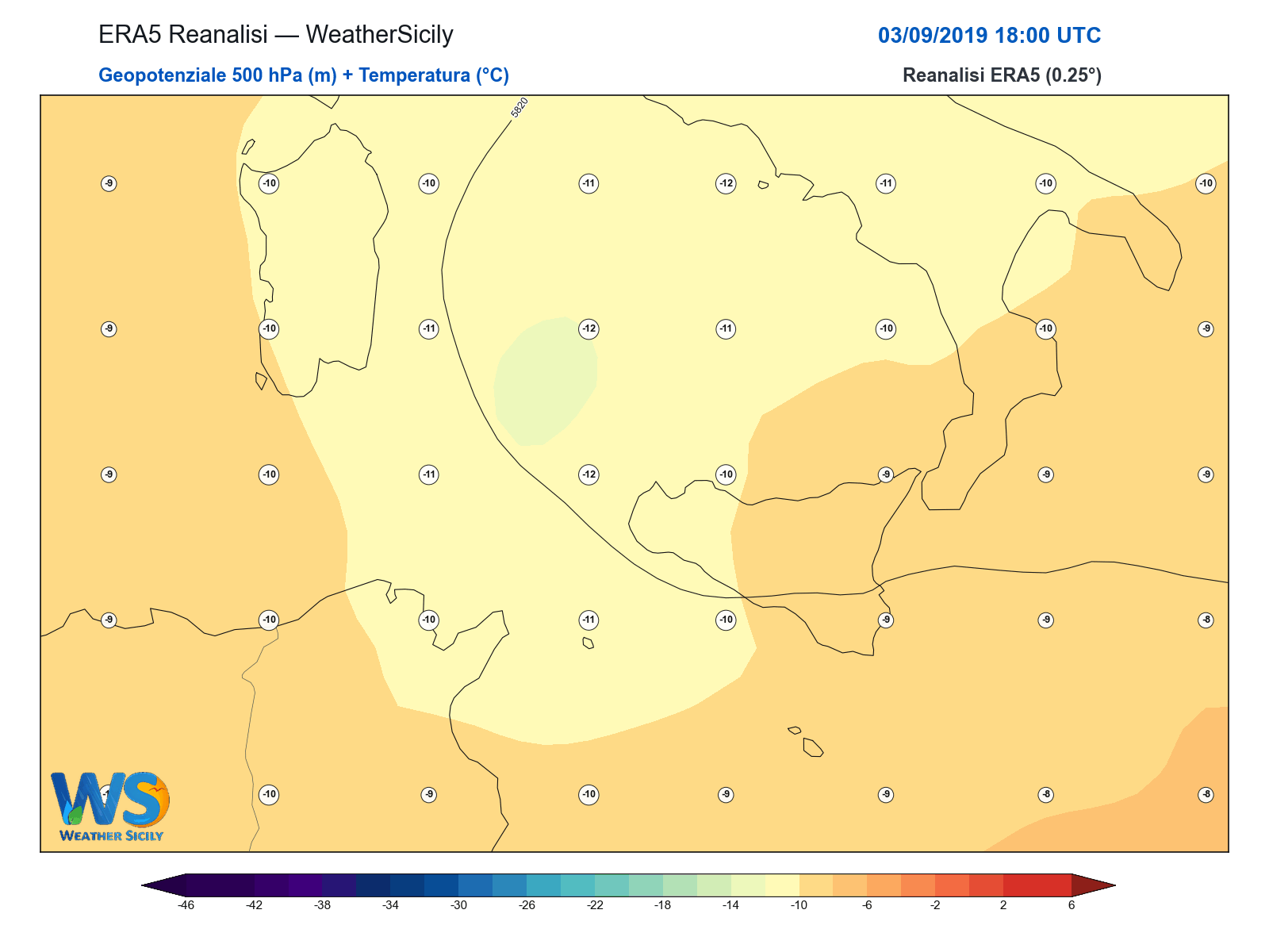 Geopotenziale 500 hPa + Temperatura · 2019090318