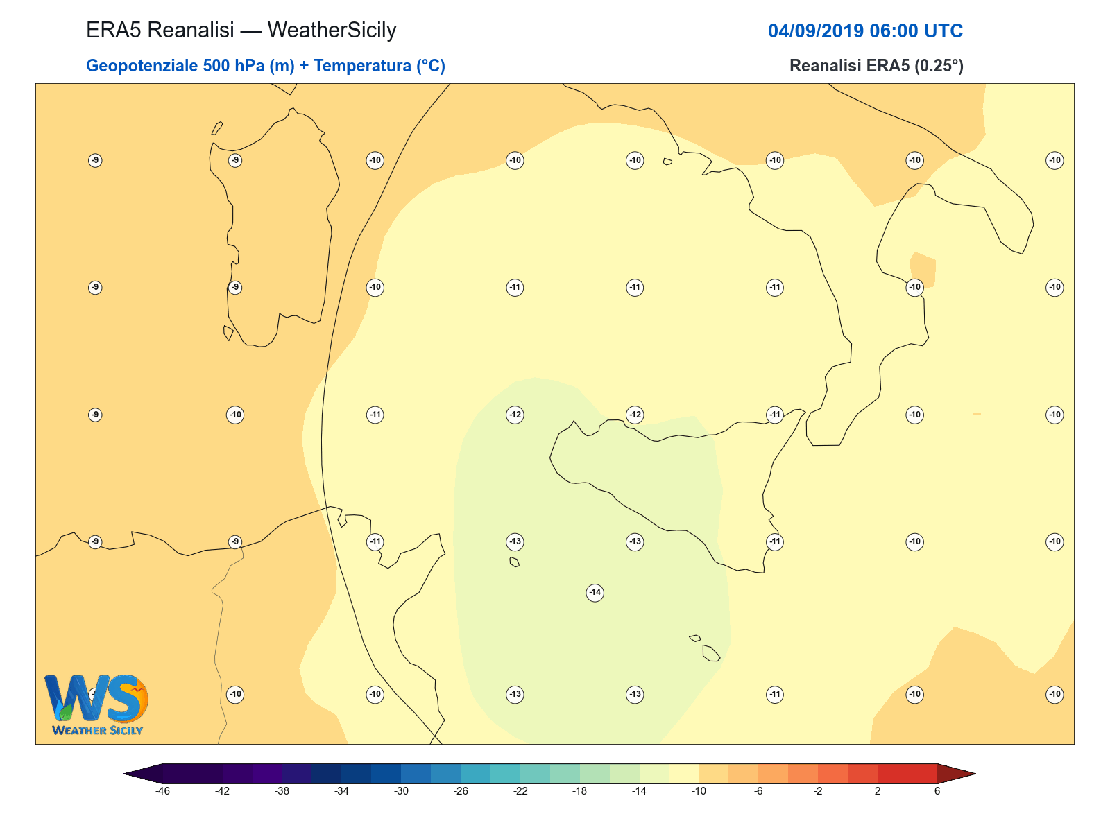 Geopotenziale 500 hPa + Temperatura · 2019090406