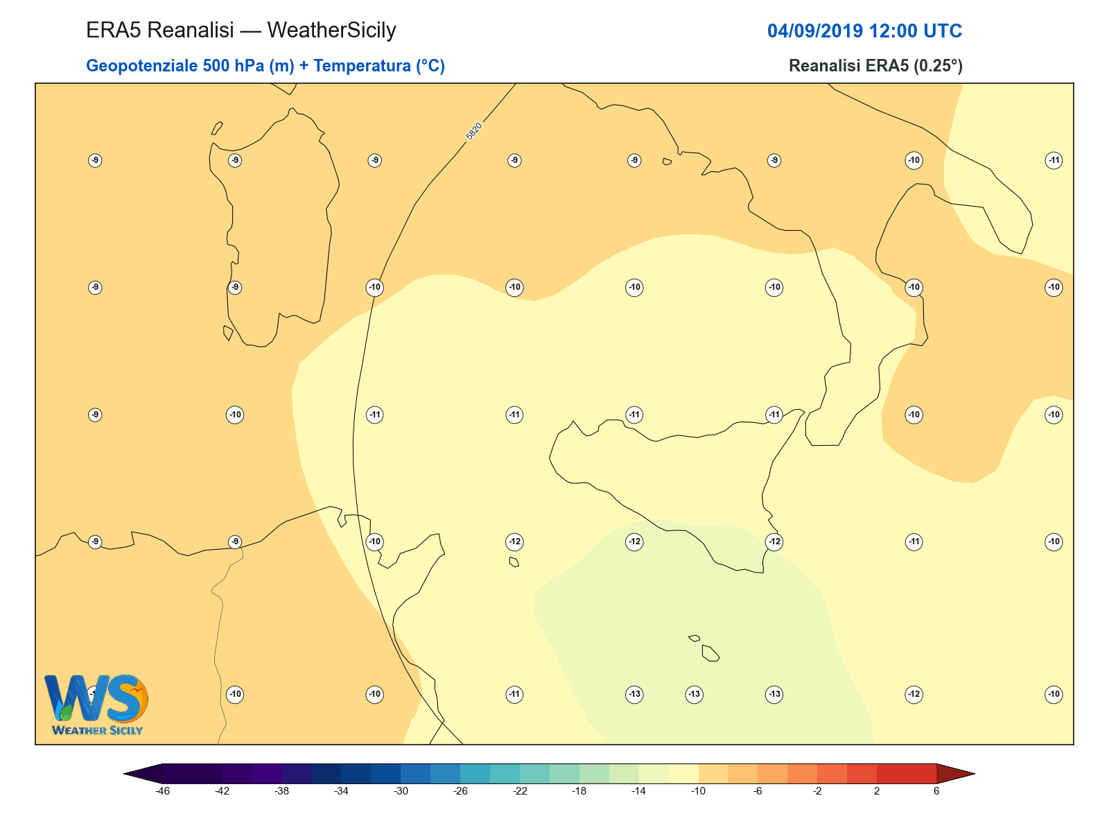 Geopotenziale 500 hPa + Temperatura · 2019090412