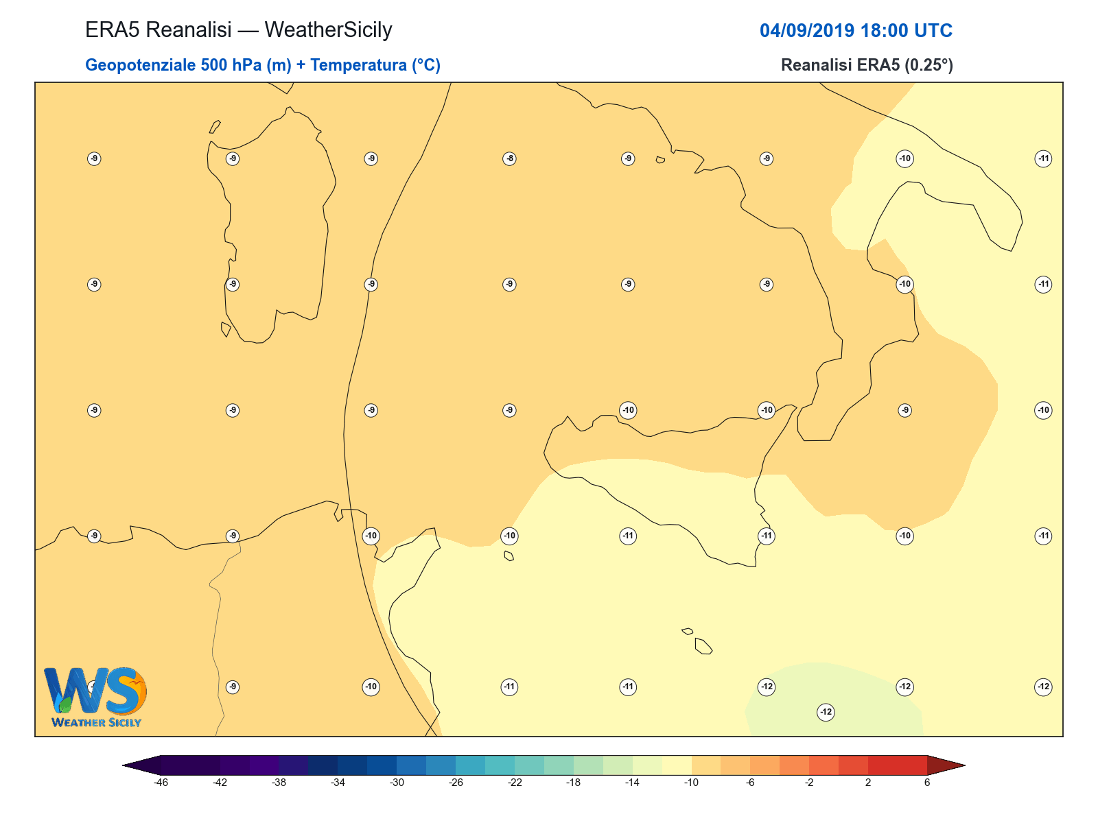Geopotenziale 500 hPa + Temperatura · 2019090418