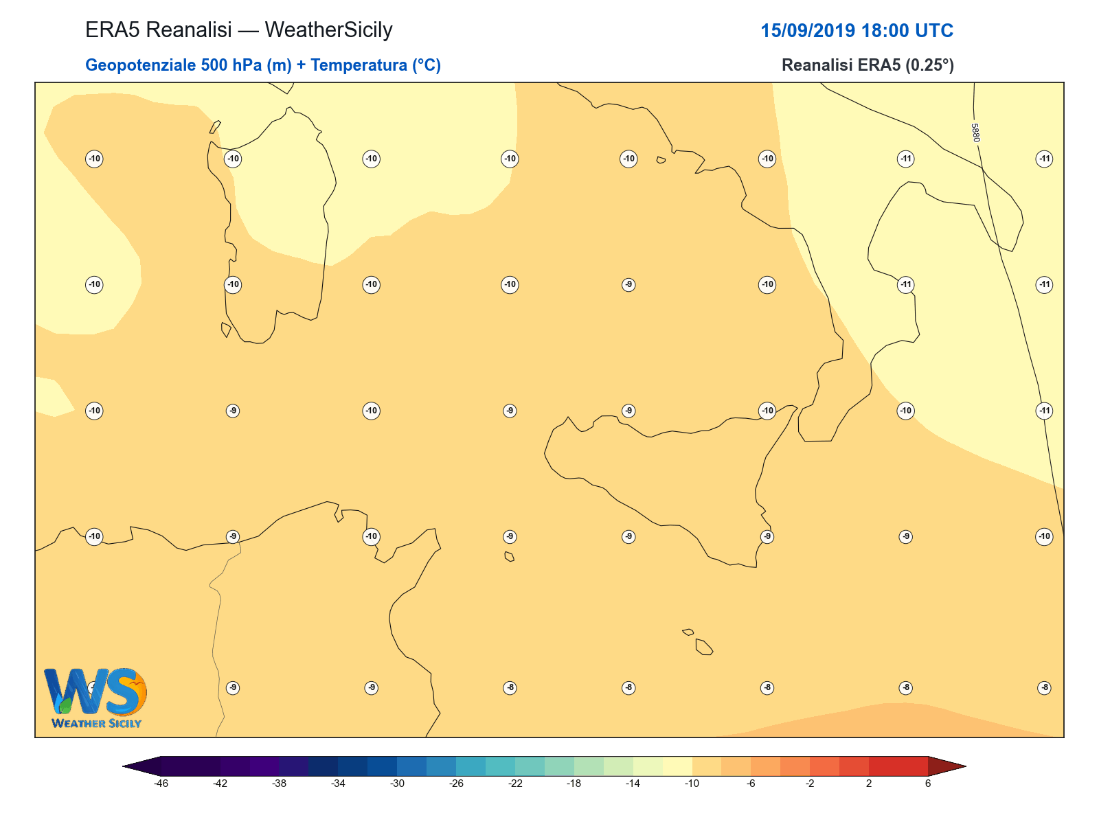 Geopotenziale 500 hPa + Temperatura · 2019091518