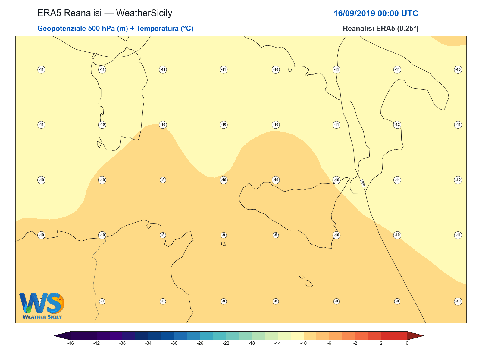 Geopotenziale 500 hPa + Temperatura · 2019091600