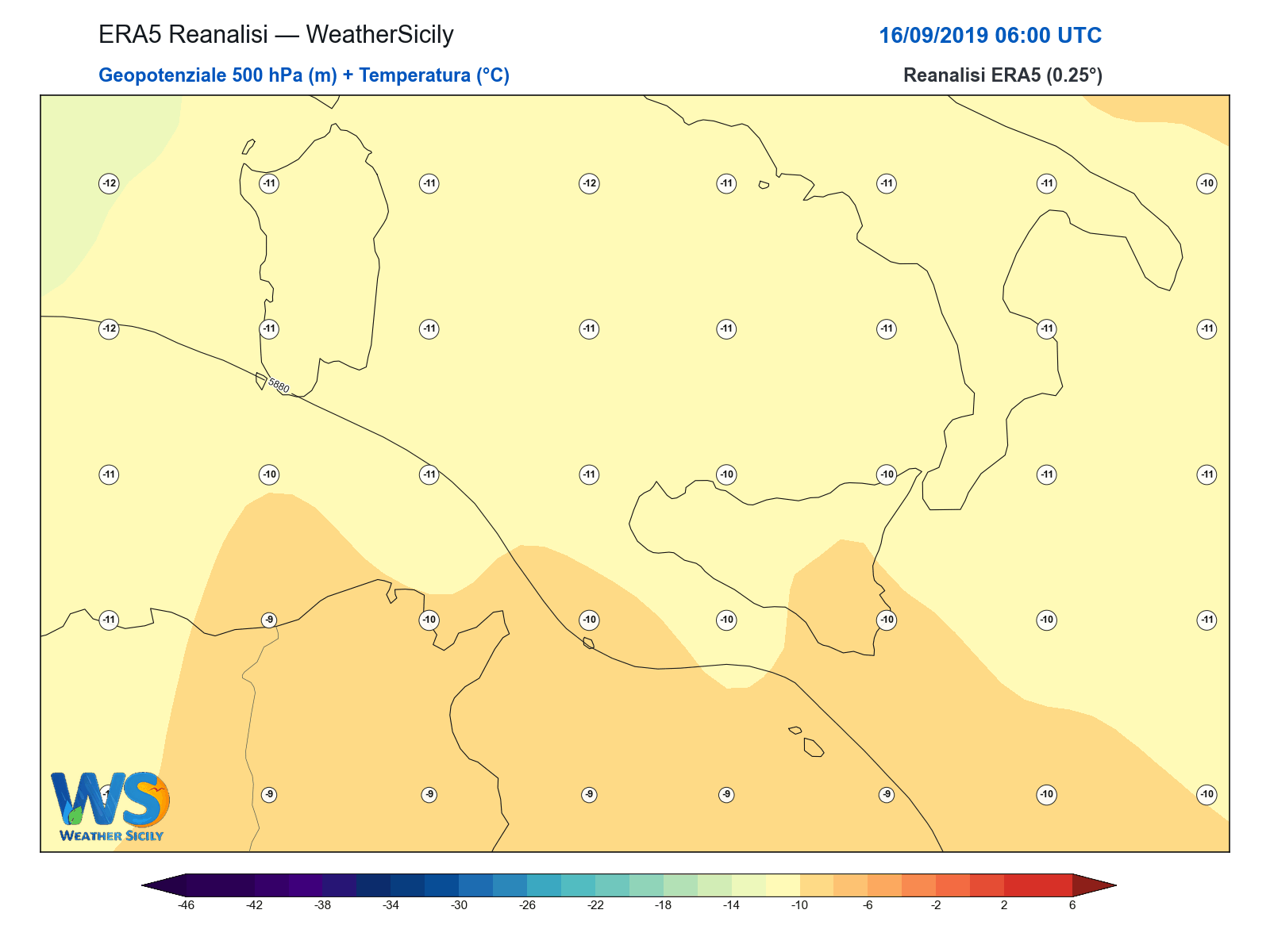 Geopotenziale 500 hPa + Temperatura · 2019091606