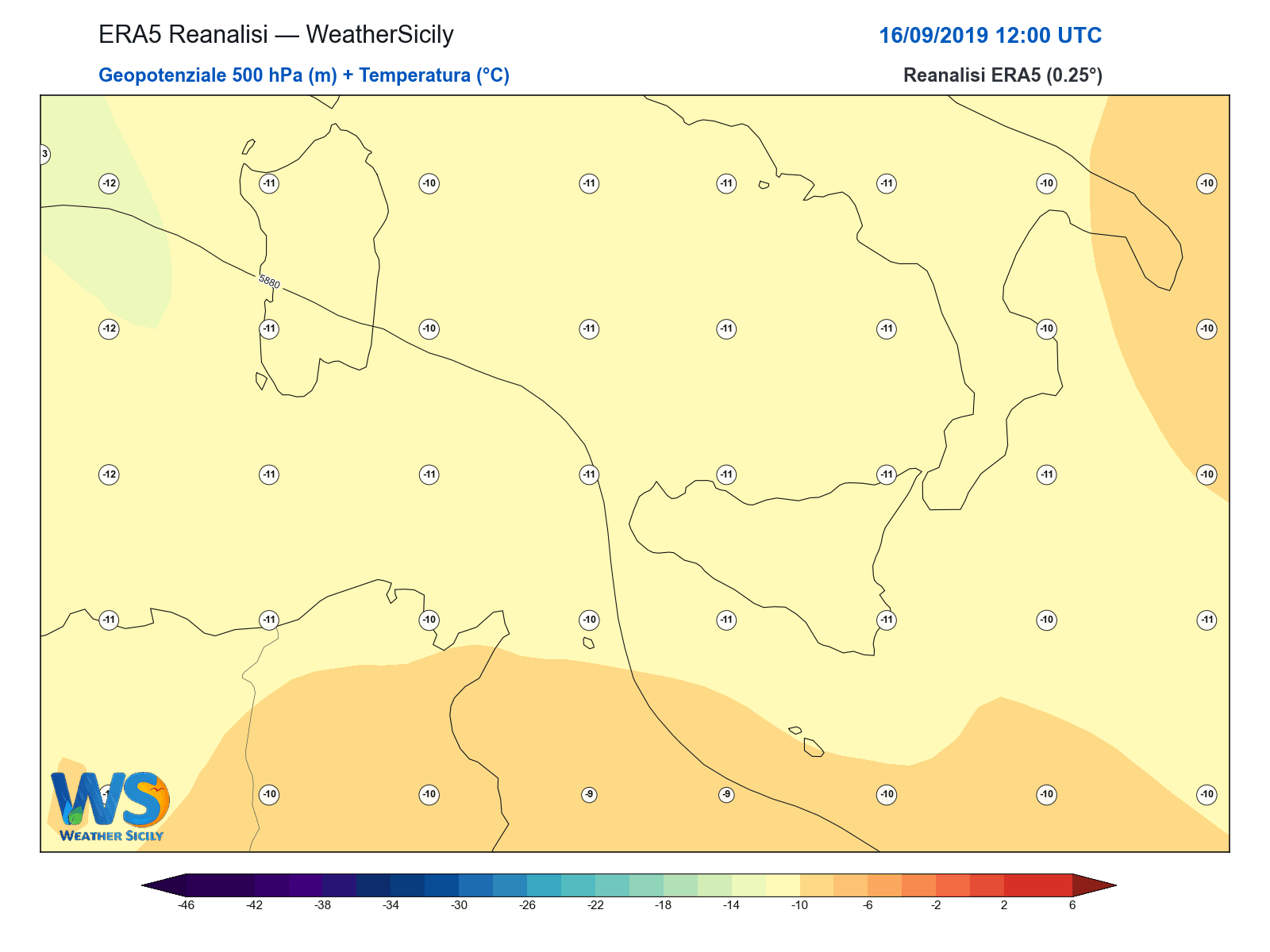 Geopotenziale 500 hPa + Temperatura · 2019091612