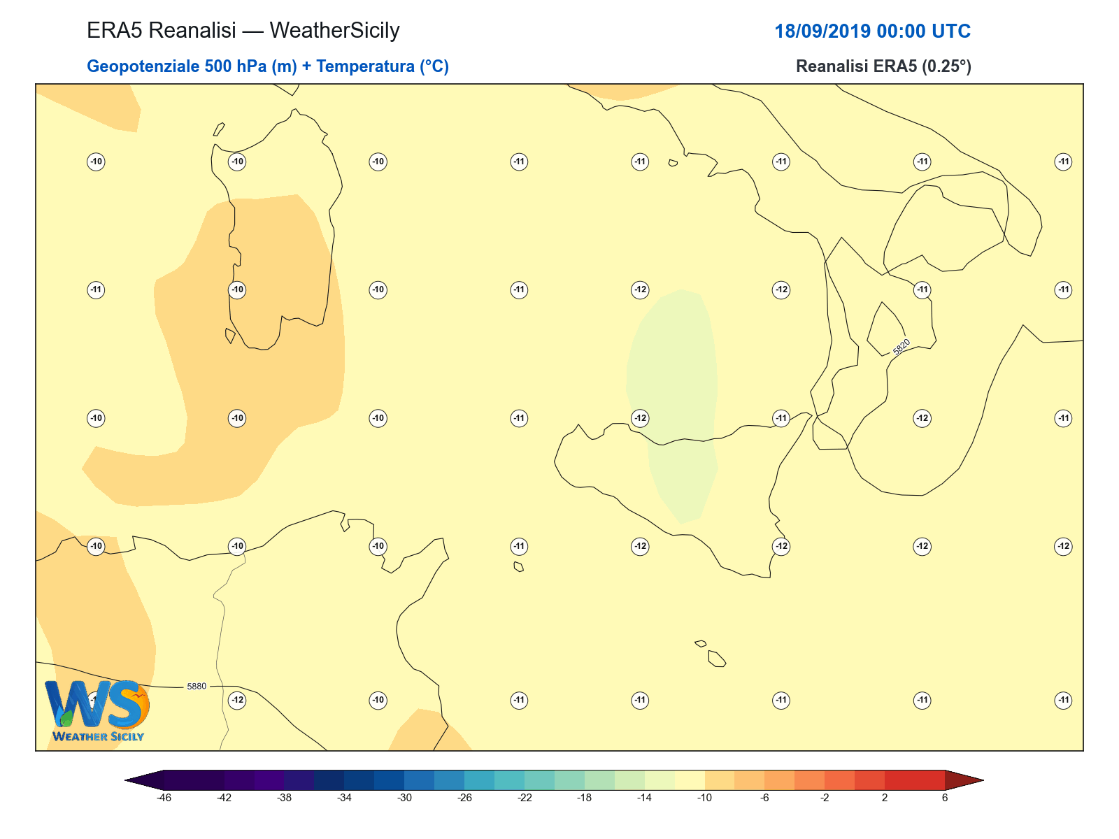 Geopotenziale 500 hPa + Temperatura · 2019091800