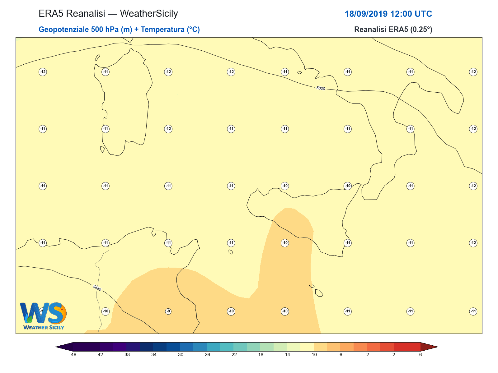 Geopotenziale 500 hPa + Temperatura · 2019091812