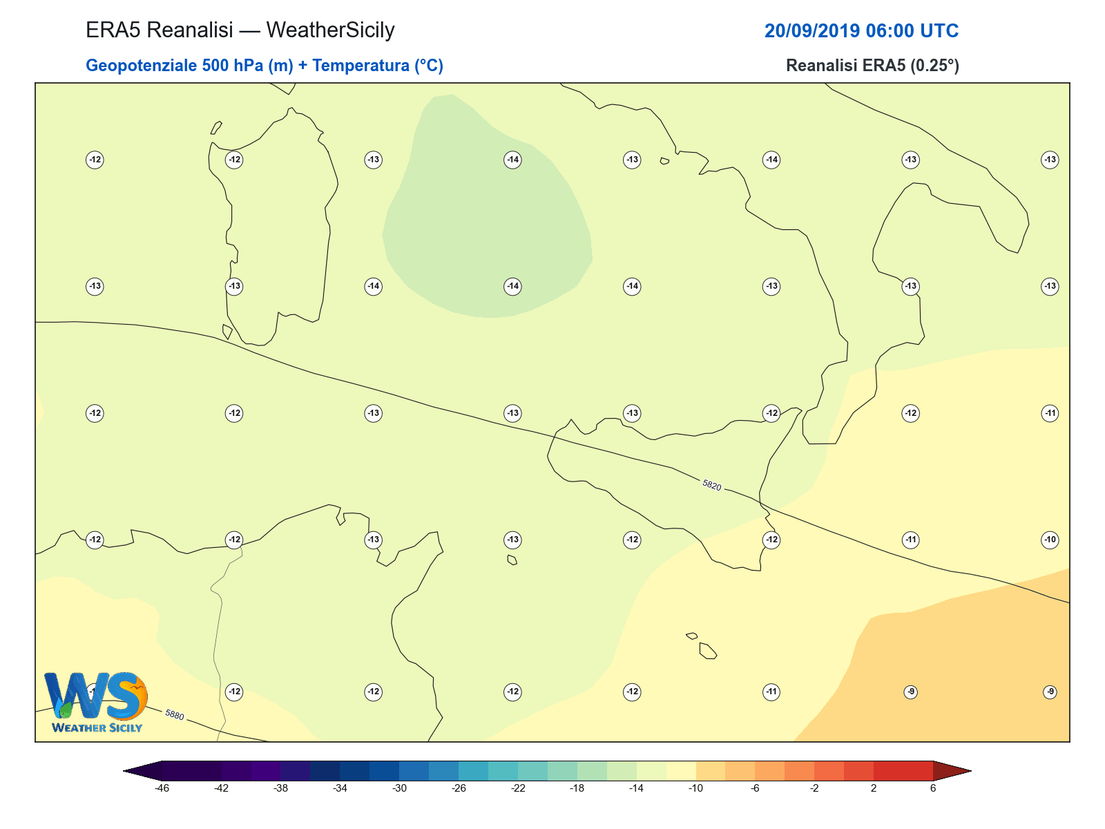 Geopotenziale 500 hPa + Temperatura · 2019092006