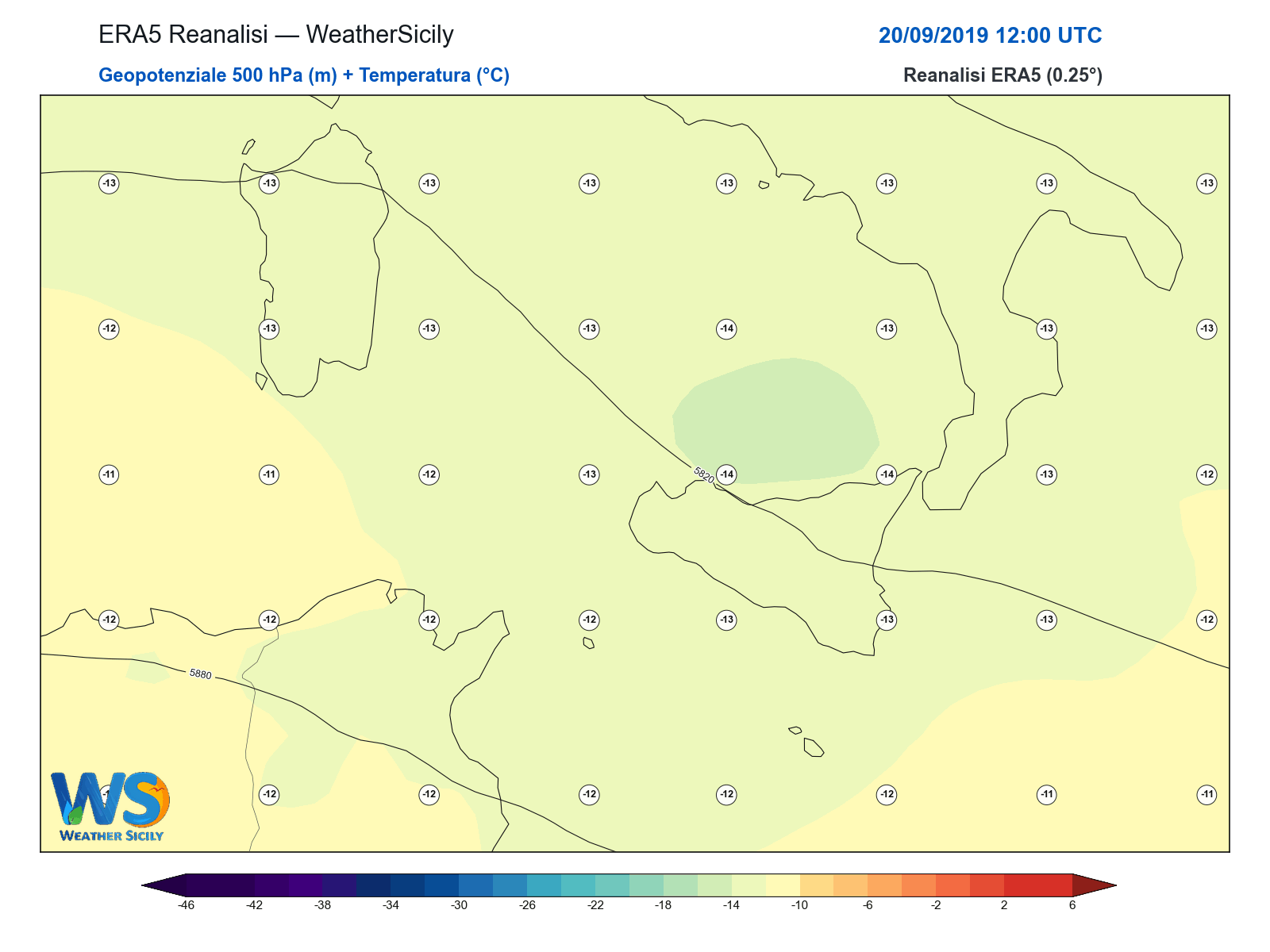 Geopotenziale 500 hPa + Temperatura · 2019092012