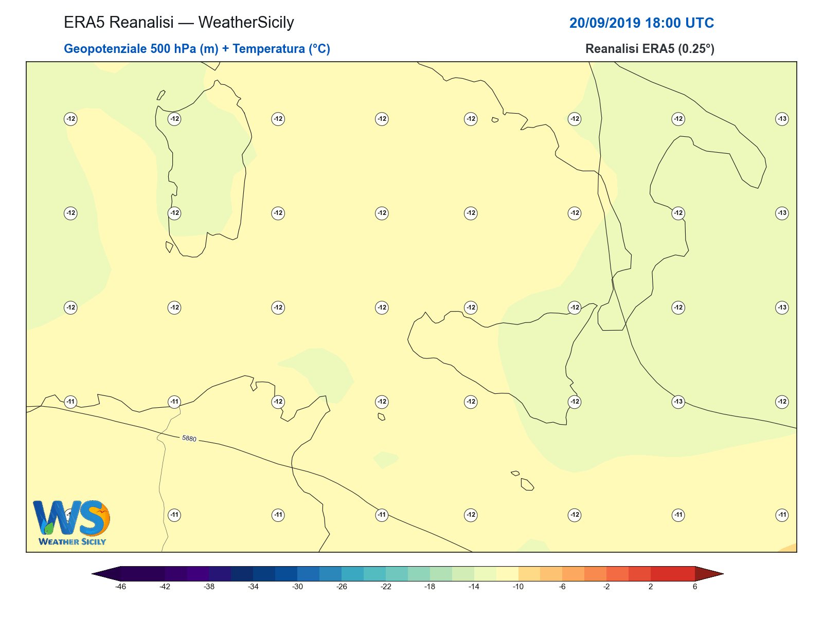 Geopotenziale 500 hPa + Temperatura · 2019092018