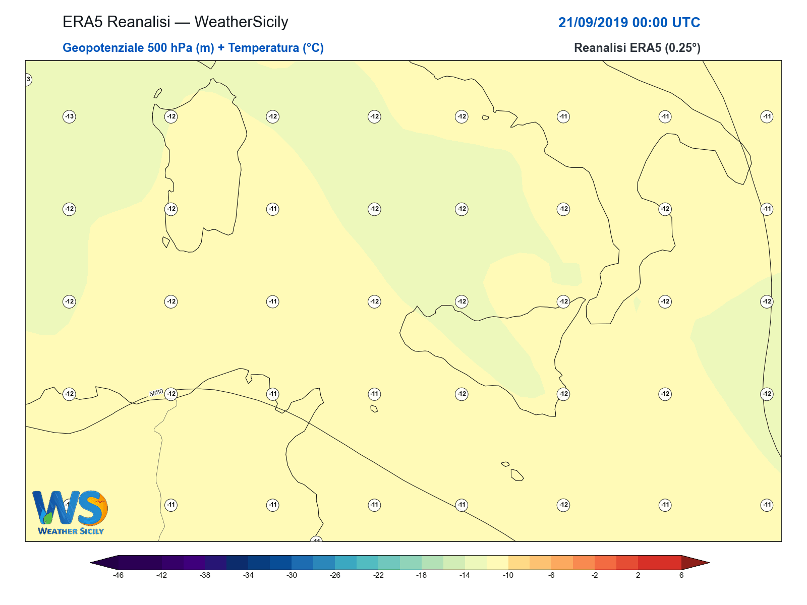 Geopotenziale 500 hPa + Temperatura · 2019092100