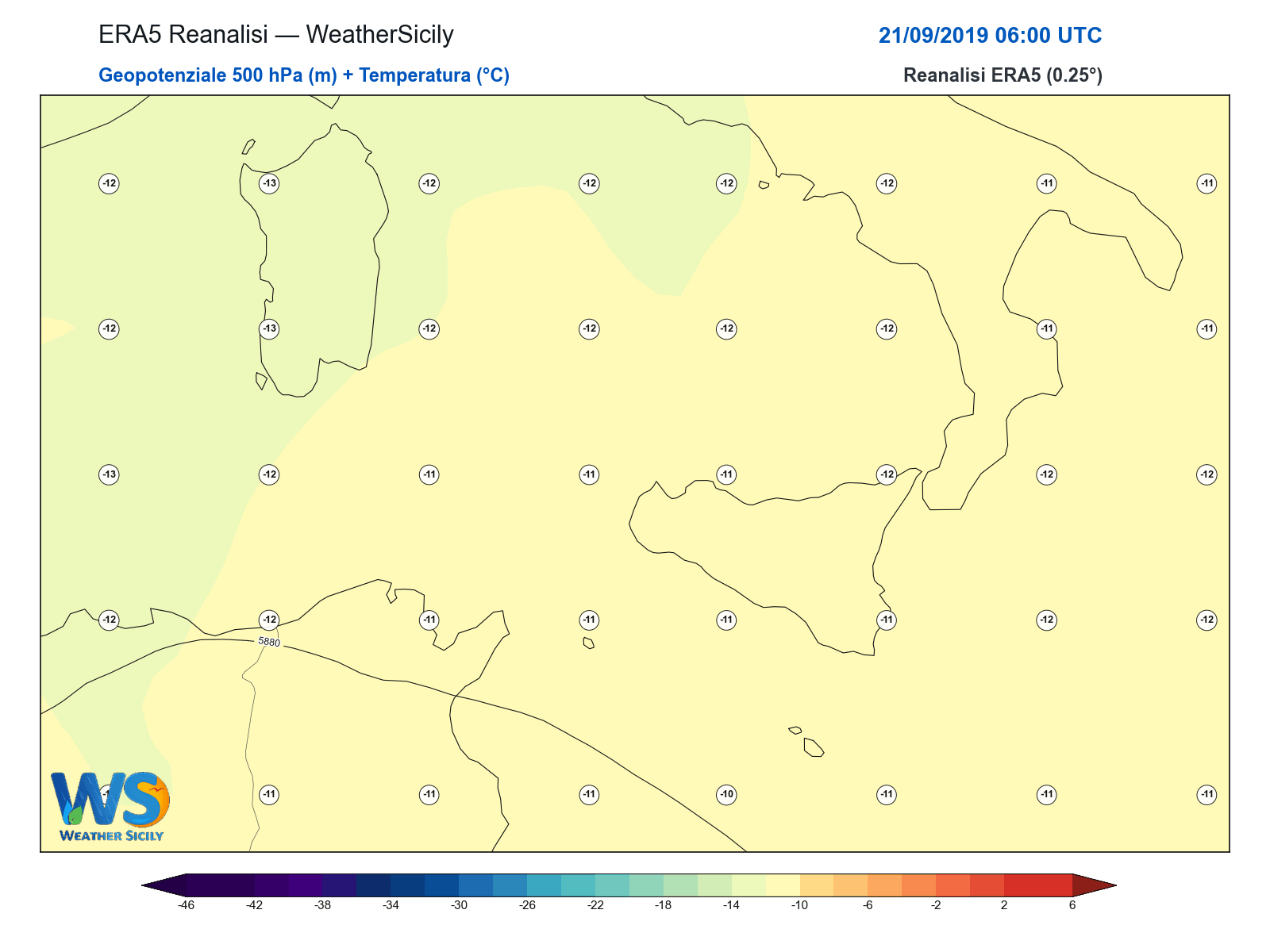 Geopotenziale 500 hPa + Temperatura · 2019092106