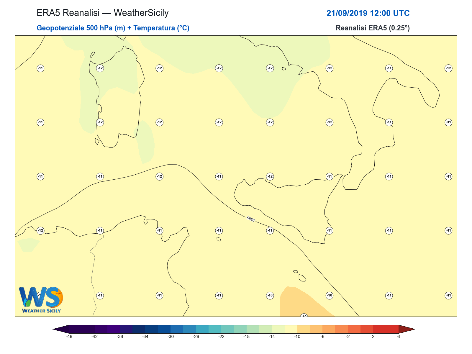 Geopotenziale 500 hPa + Temperatura · 2019092112