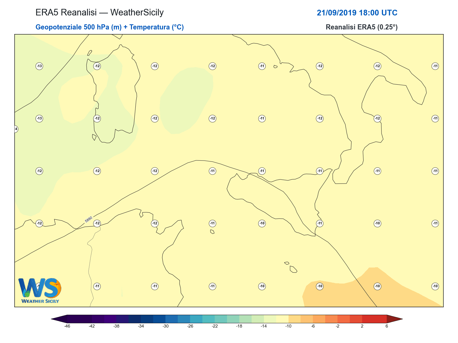 Geopotenziale 500 hPa + Temperatura · 2019092118