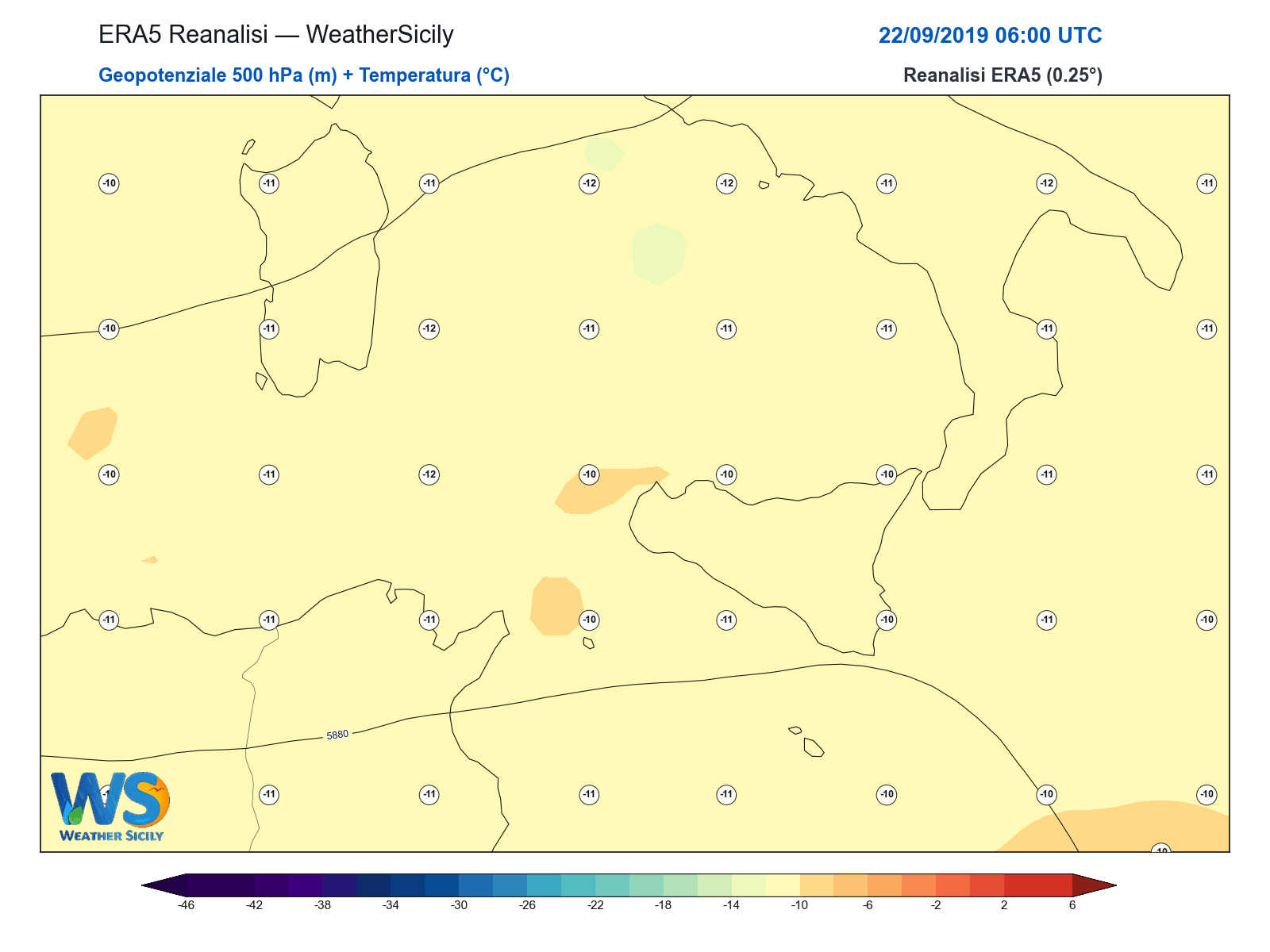 Geopotenziale 500 hPa + Temperatura · 2019092206