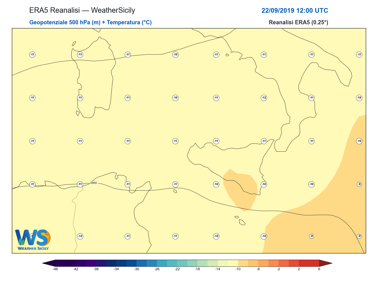 Geopotenziale 500 hPa + Temperatura · 2019092212