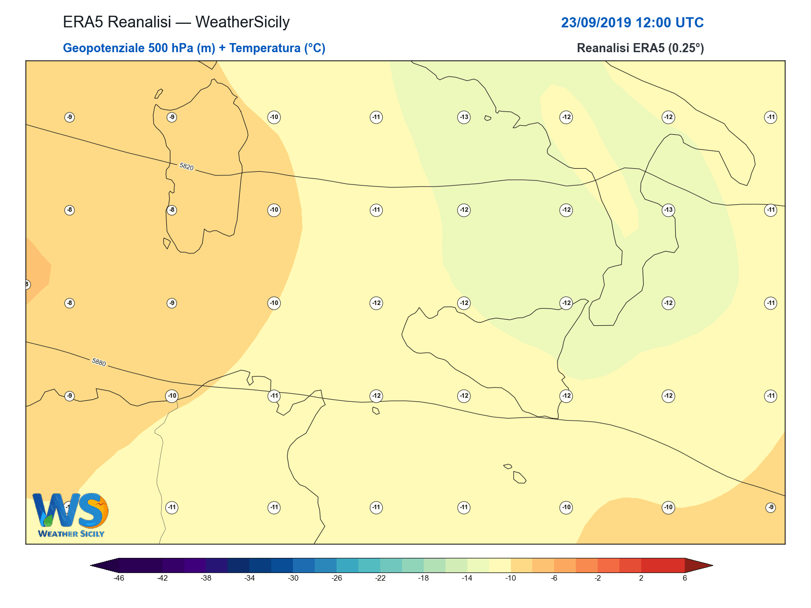 Geopotenziale 500 hPa + Temperatura · 2019092312