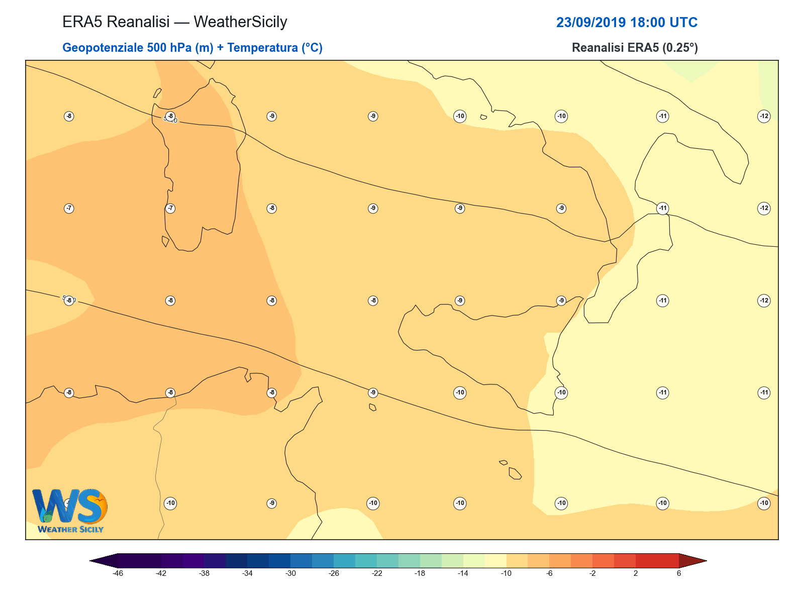 Geopotenziale 500 hPa + Temperatura · 2019092318