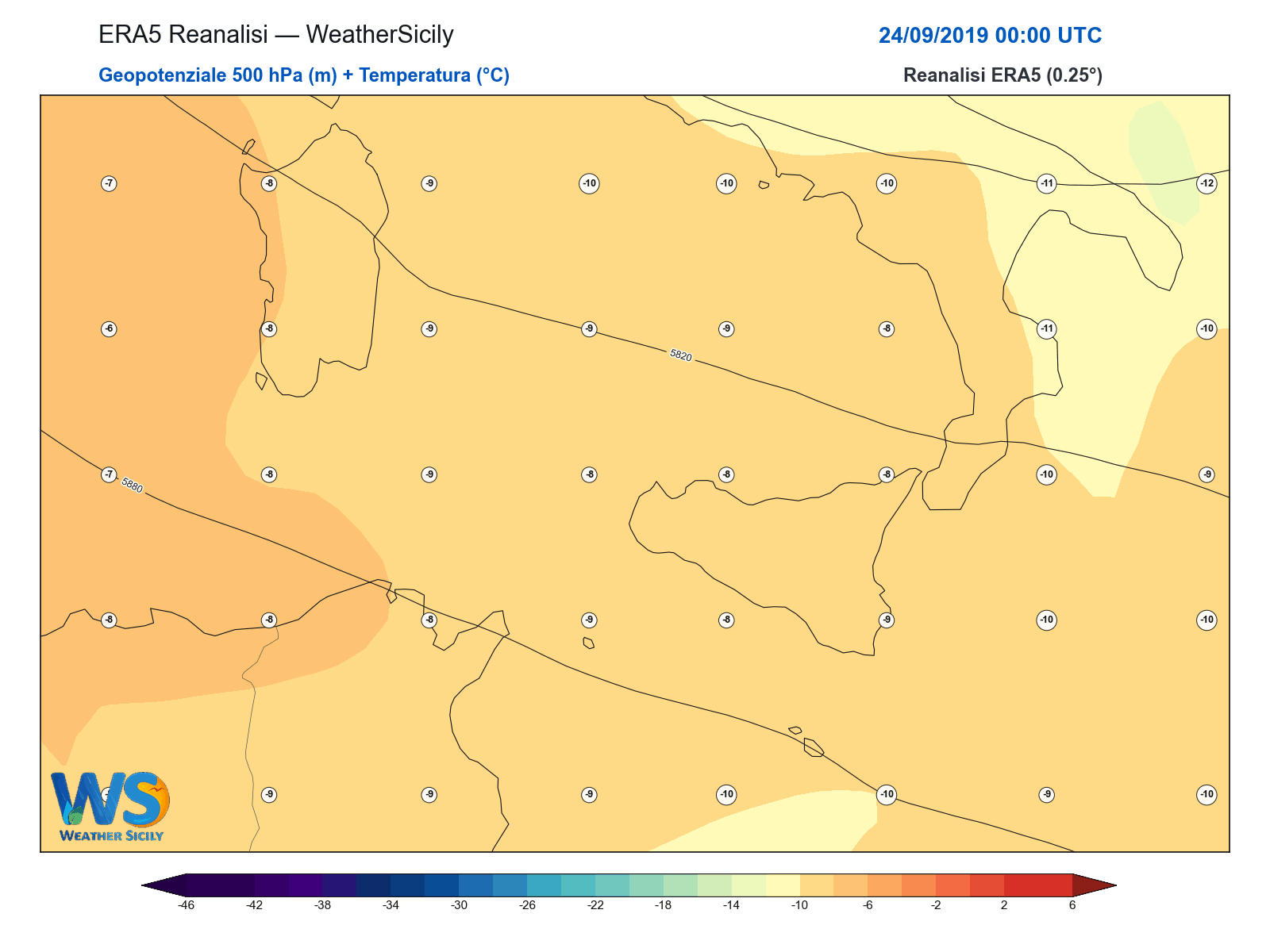 Geopotenziale 500 hPa + Temperatura · 2019092400