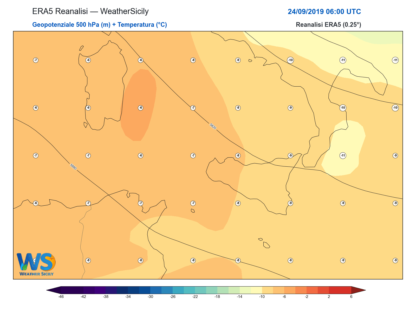 Geopotenziale 500 hPa + Temperatura · 2019092406