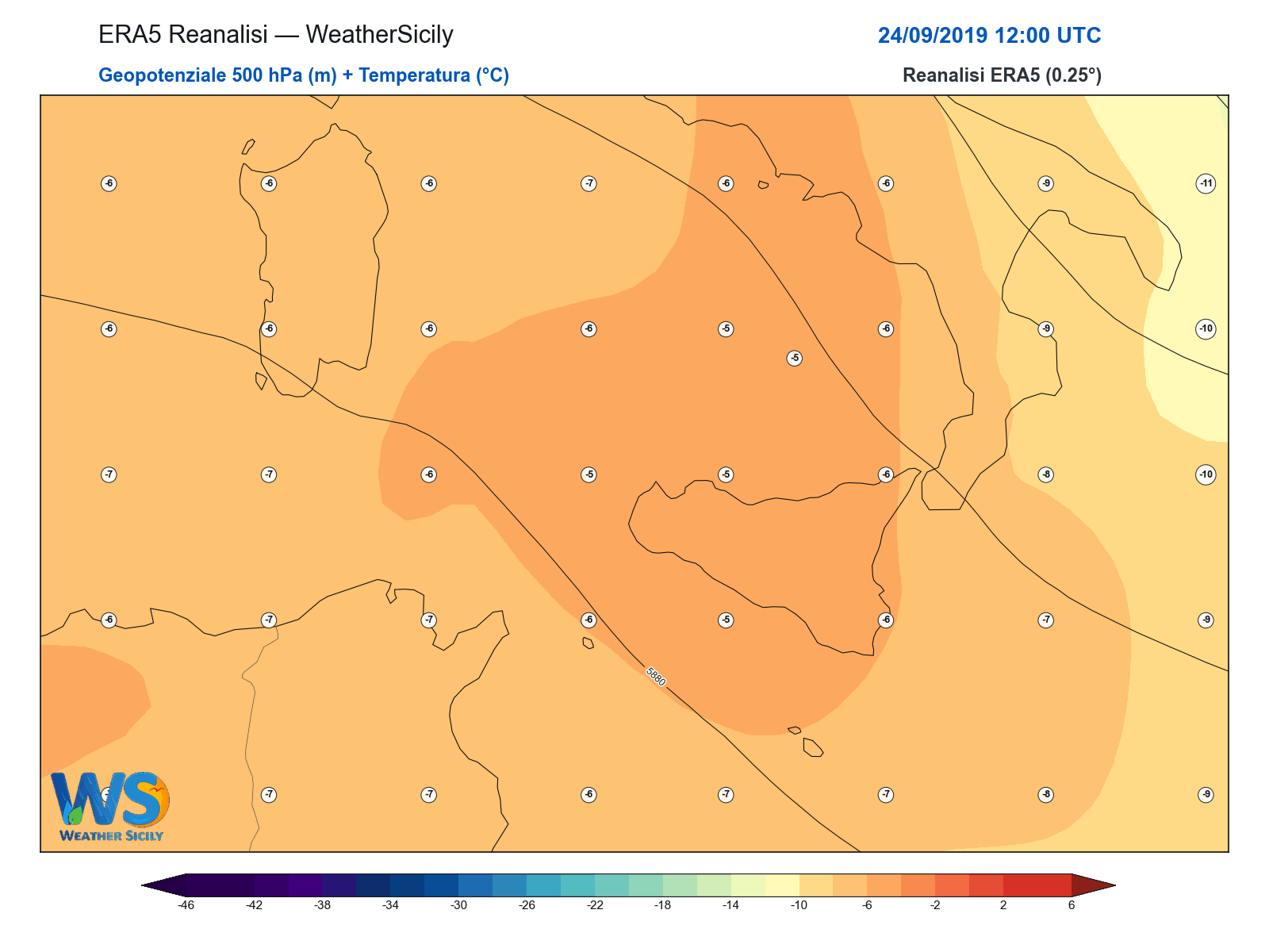 Geopotenziale 500 hPa + Temperatura · 2019092412