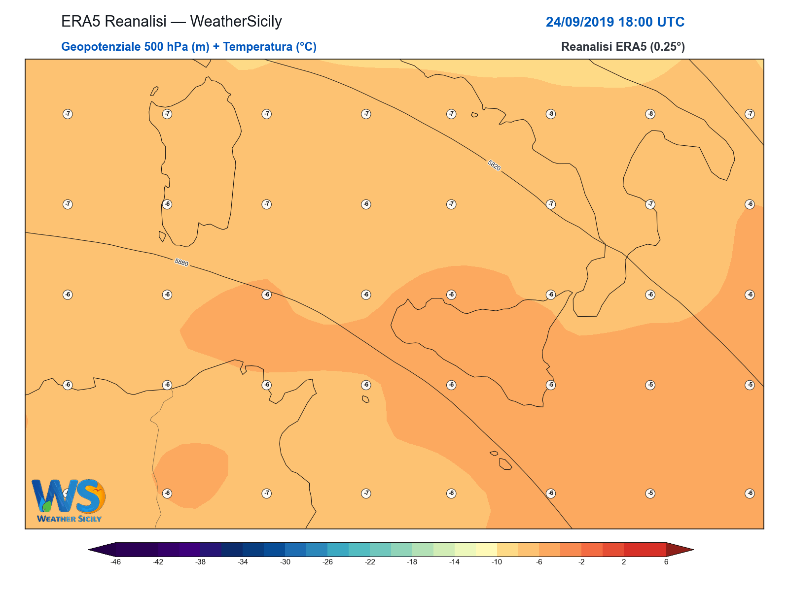 Geopotenziale 500 hPa + Temperatura · 2019092418