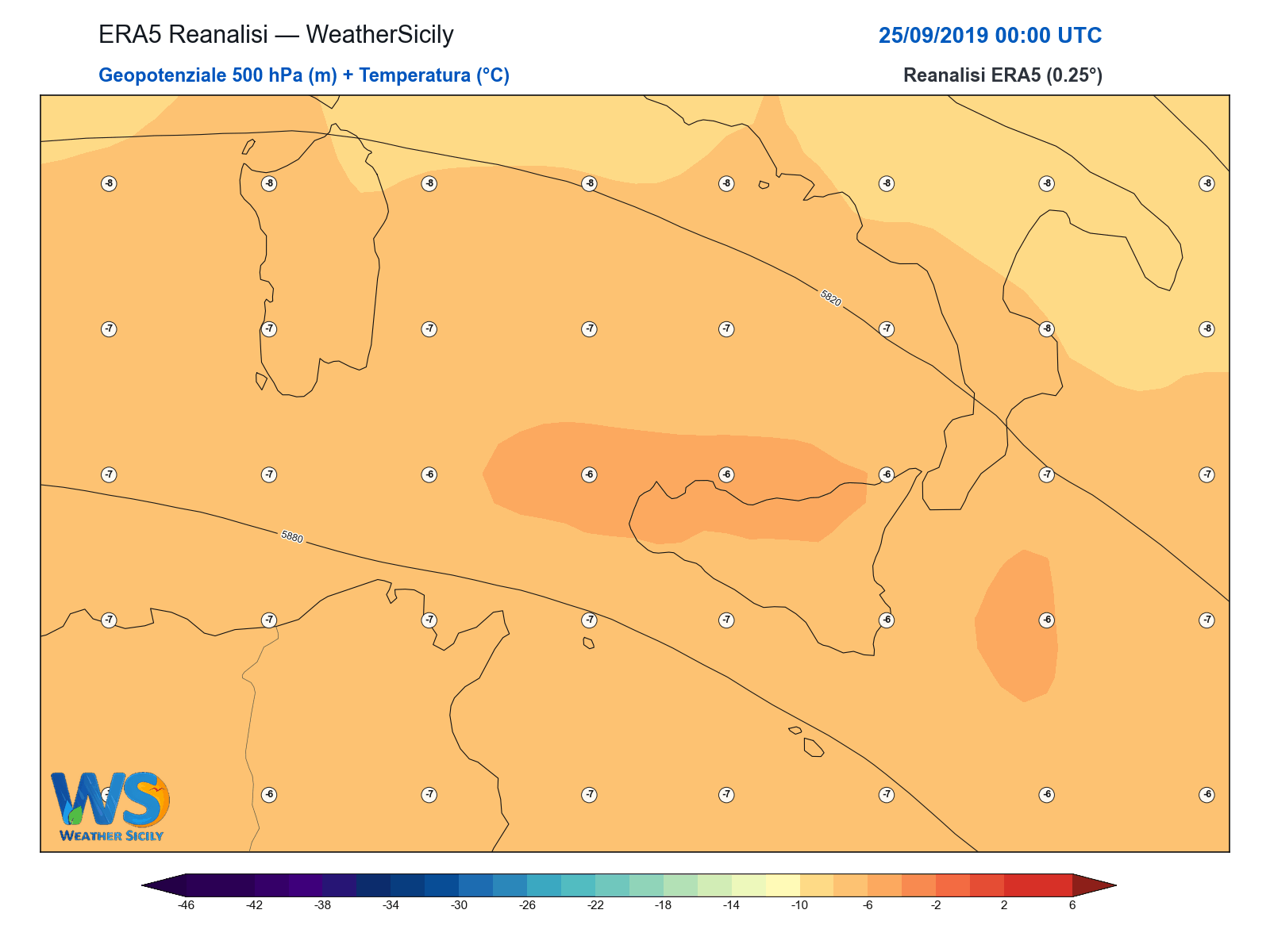 Geopotenziale 500 hPa + Temperatura · 2019092500