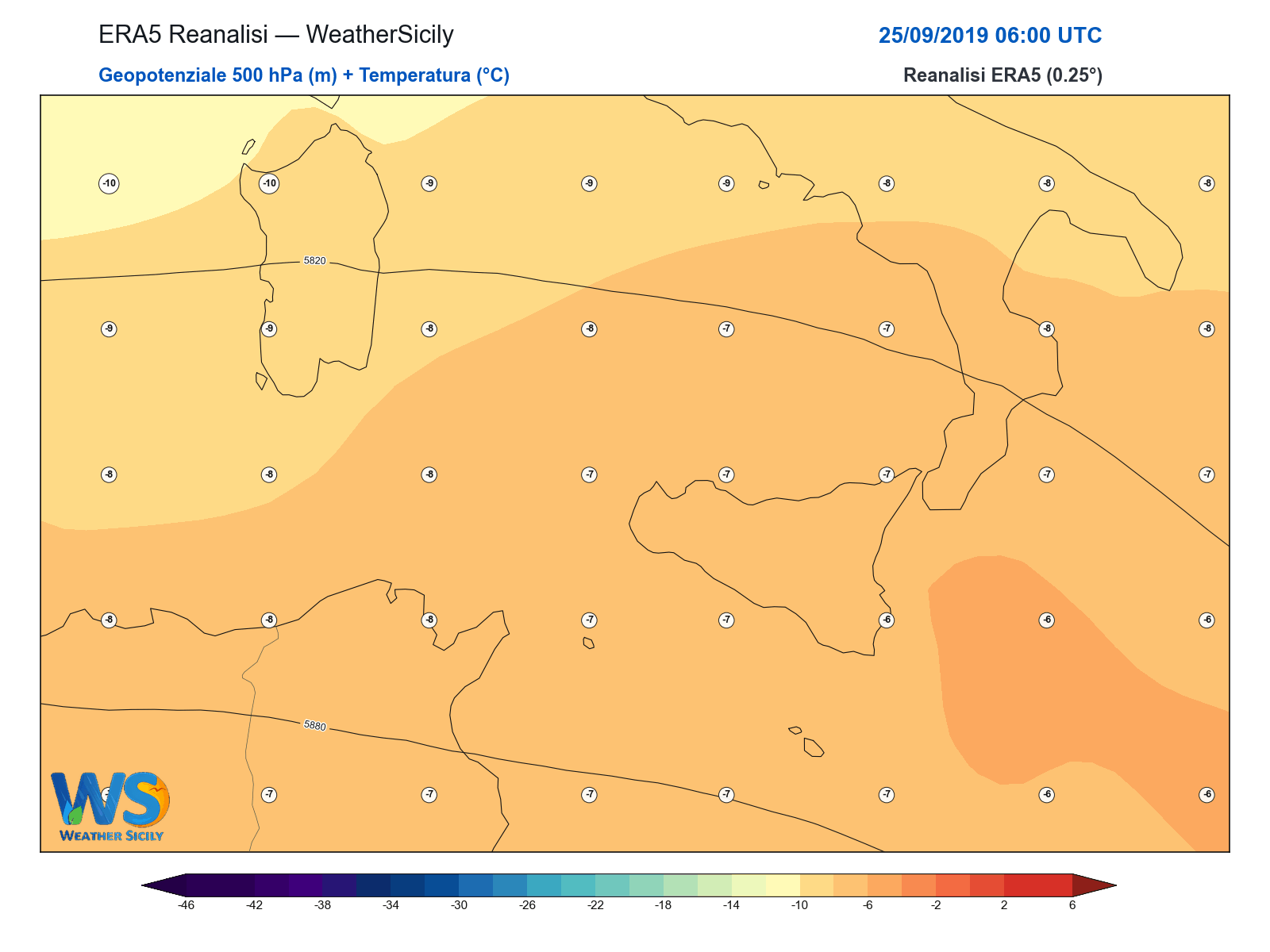 Geopotenziale 500 hPa + Temperatura · 2019092506