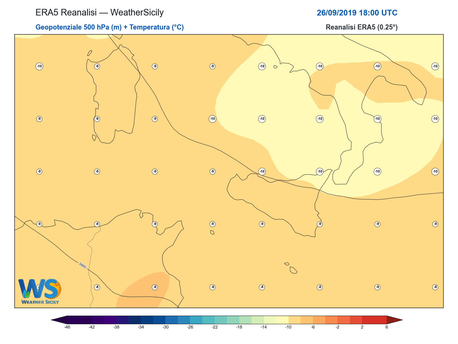 Geopotenziale 500 hPa + Temperatura · 2019092618