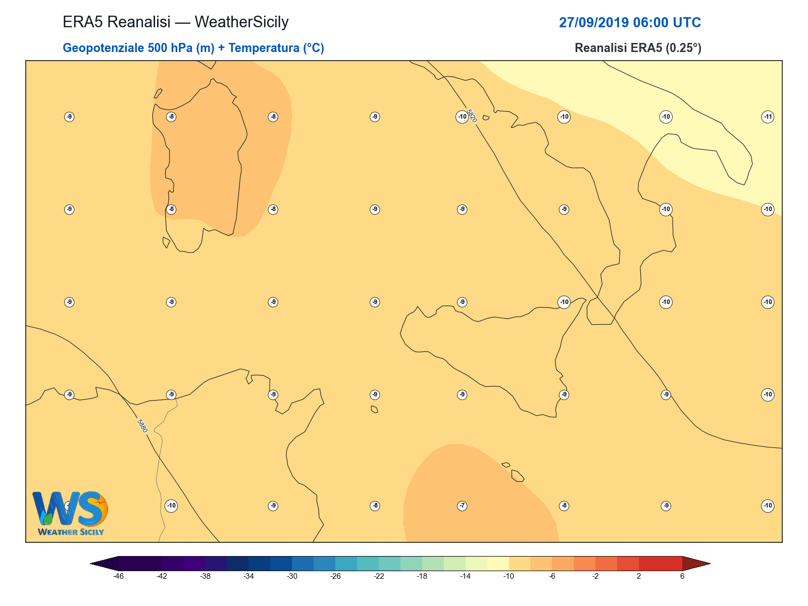 Geopotenziale 500 hPa + Temperatura · 2019092706