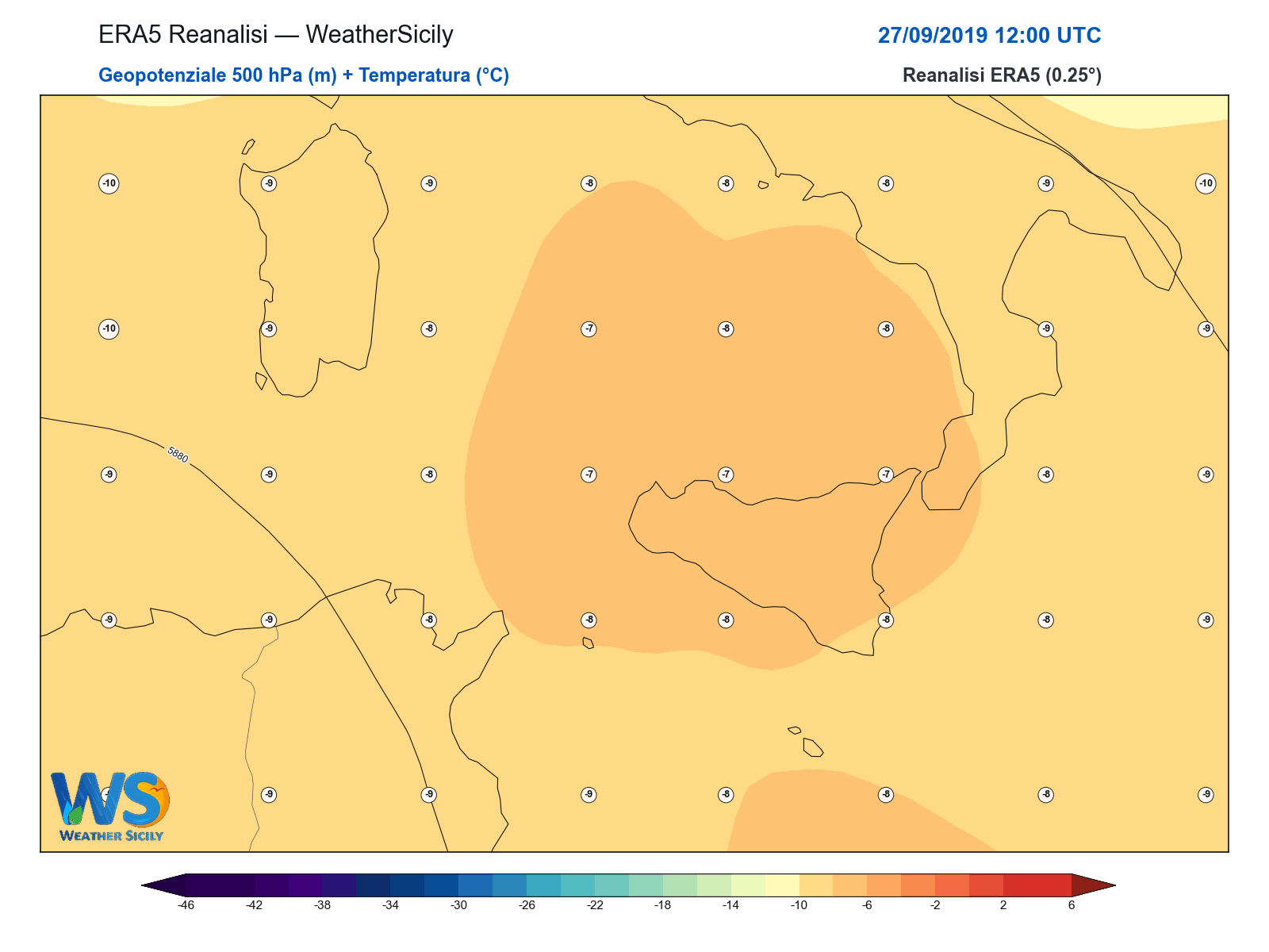 Geopotenziale 500 hPa + Temperatura · 2019092712