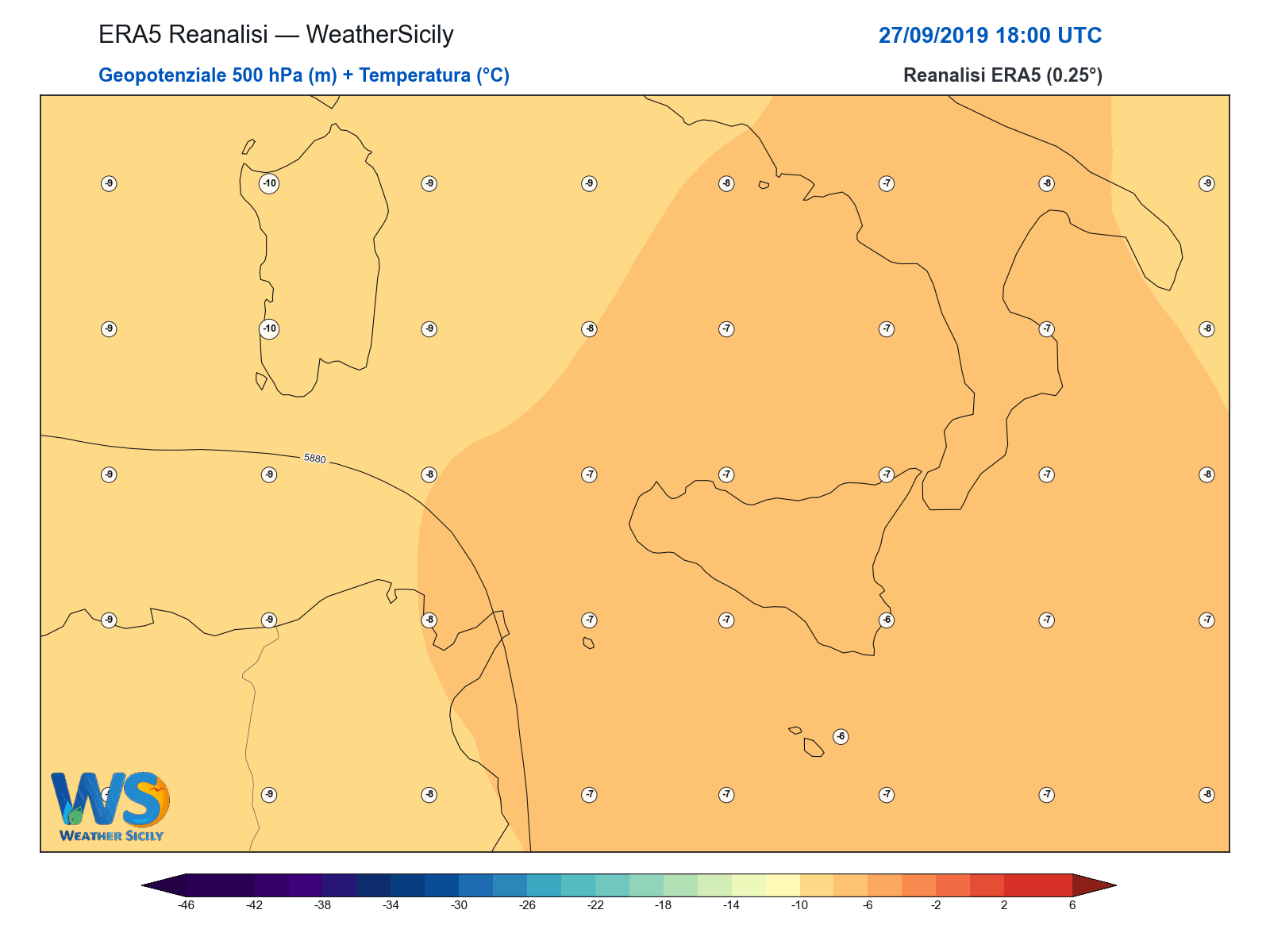Geopotenziale 500 hPa + Temperatura · 2019092718