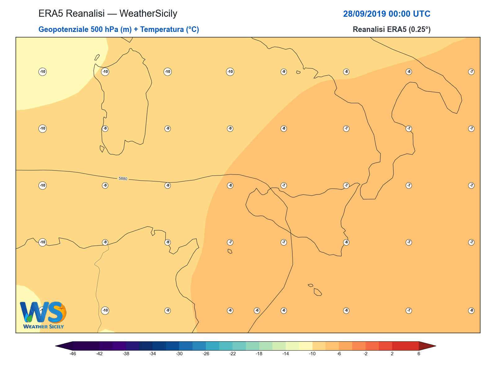 Geopotenziale 500 hPa + Temperatura · 2019092800