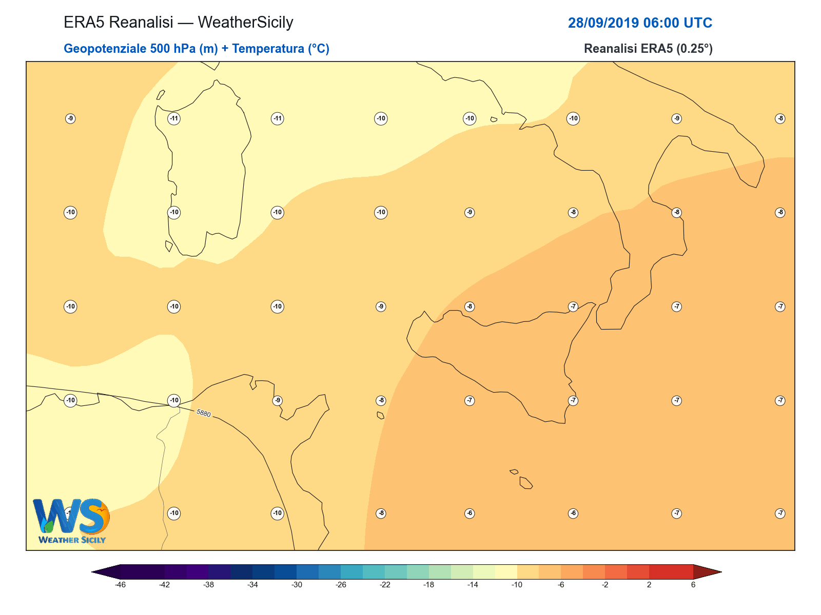 Geopotenziale 500 hPa + Temperatura · 2019092806